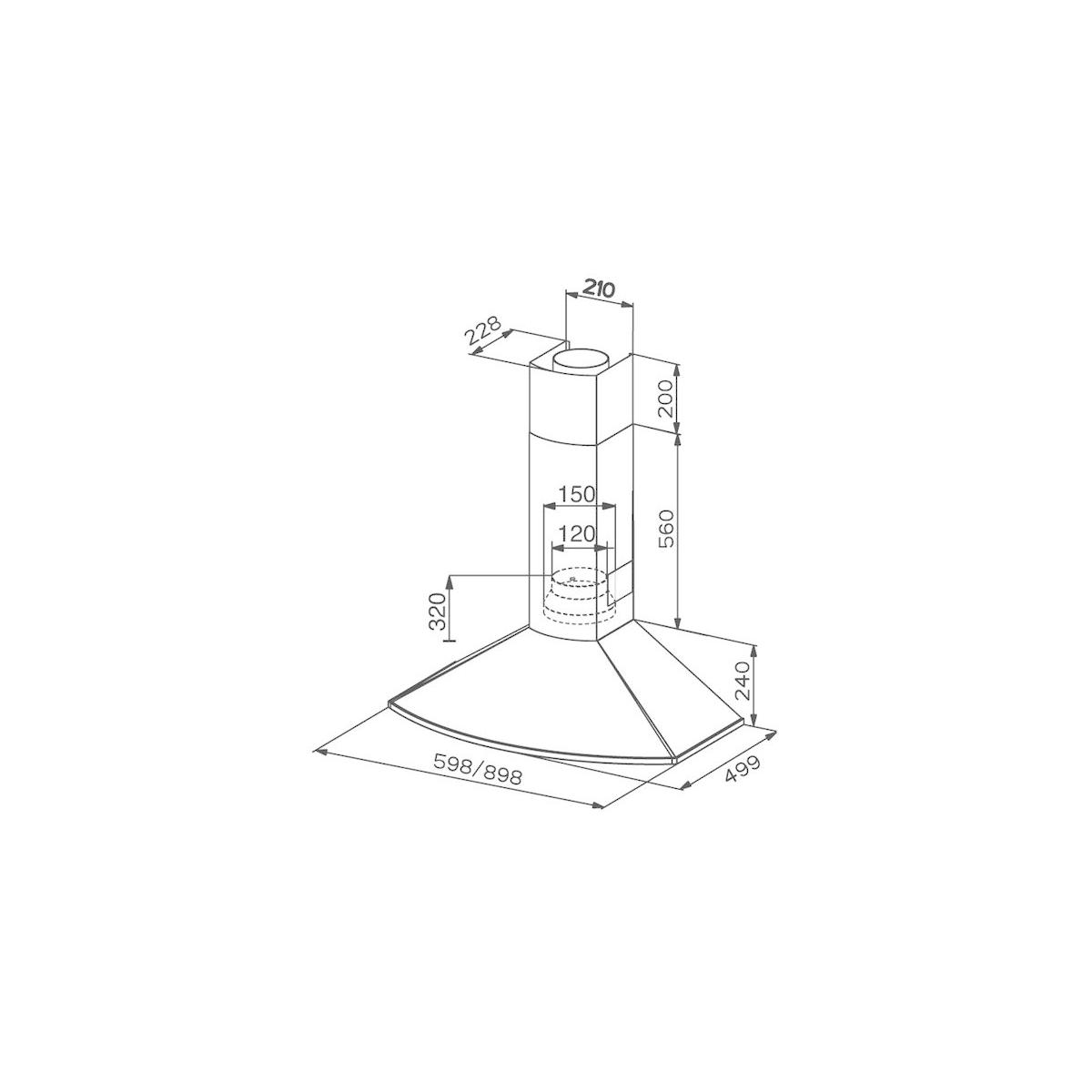 Disegno tecnico di una cappa aspirante con dimensioni.