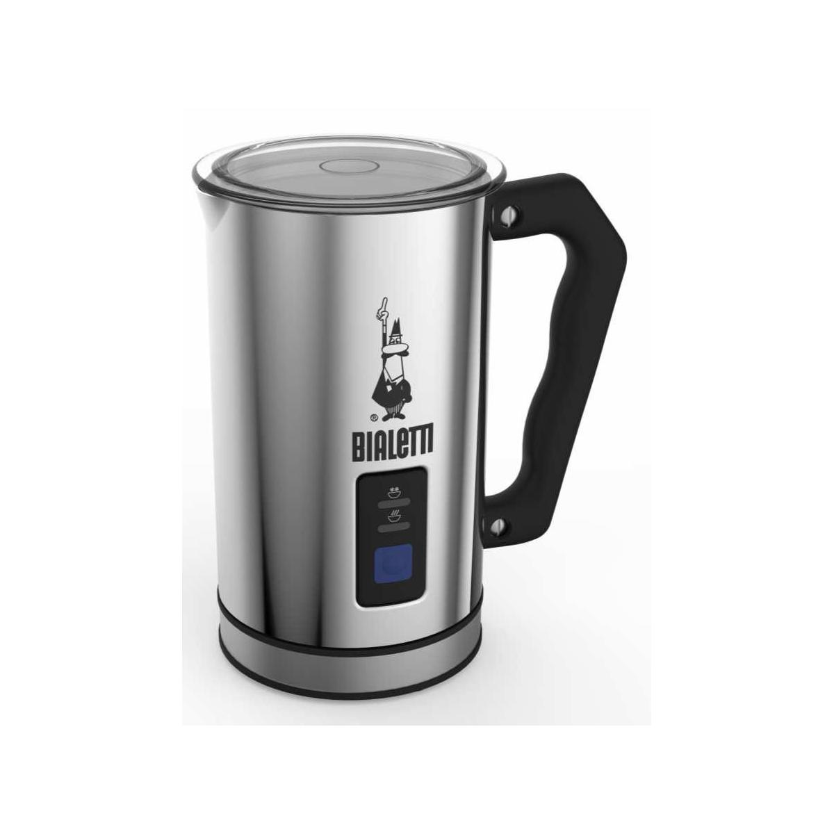 Ein silberner Bialetti Milchaufschäumer mit schwarzem Griff und Glasdeckel.