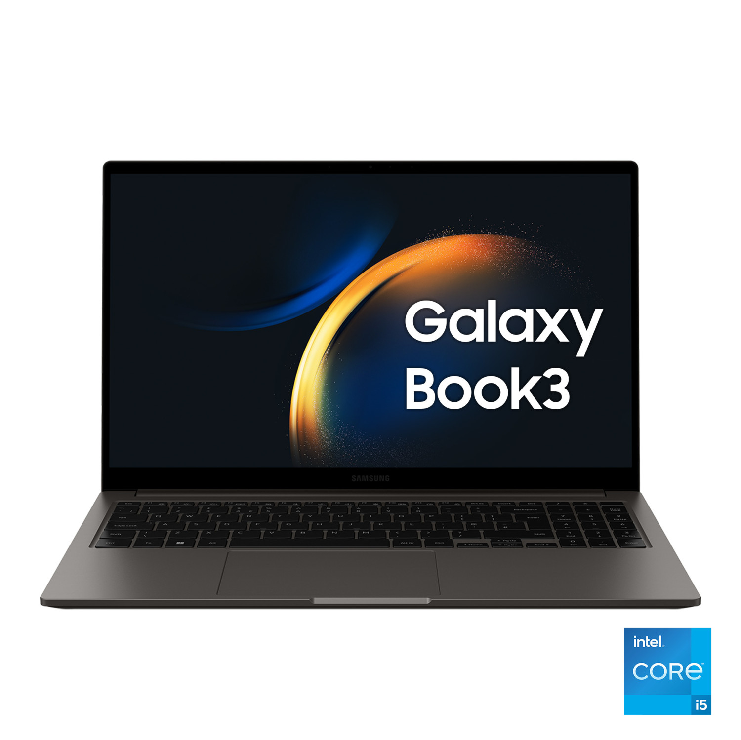 Un laptop Samsung Galaxy Book3 grigio con logo Intel Core i5.