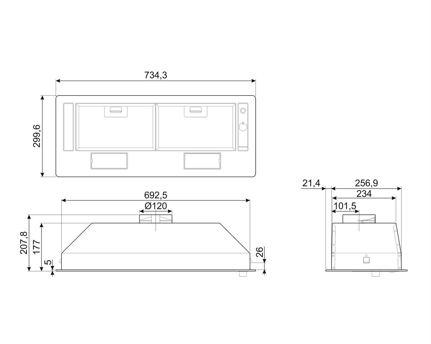 Dibujo técnico de una campana extractora con dimensiones.