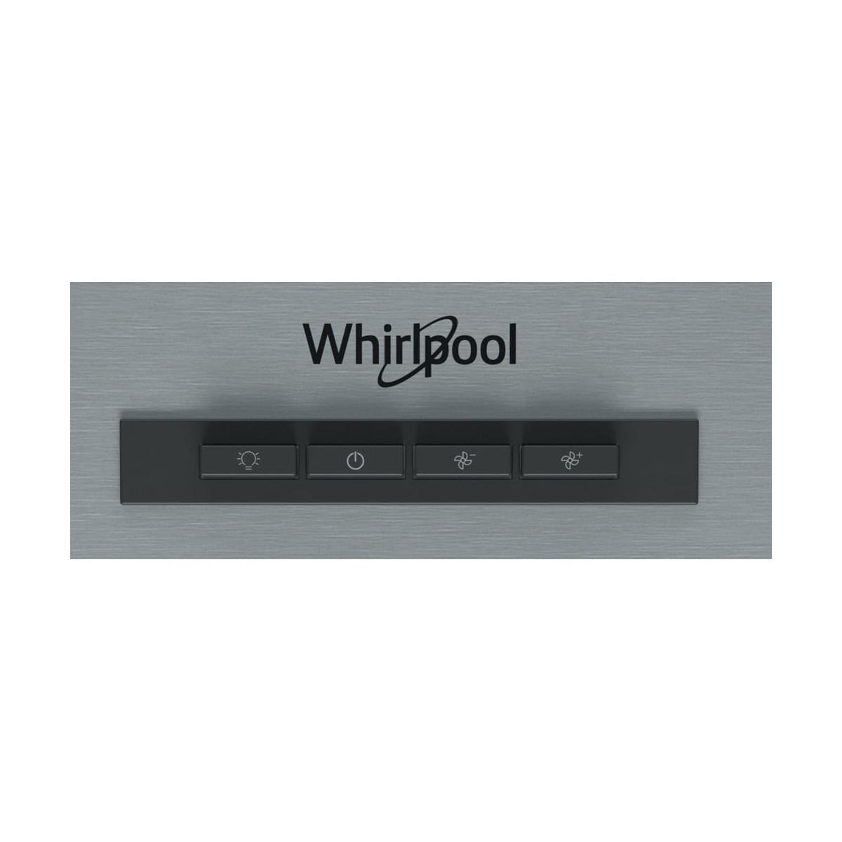 Logo Whirlpool sobre cuatro botones negros: luz, encendido/apagado, ventilador, ventilador+