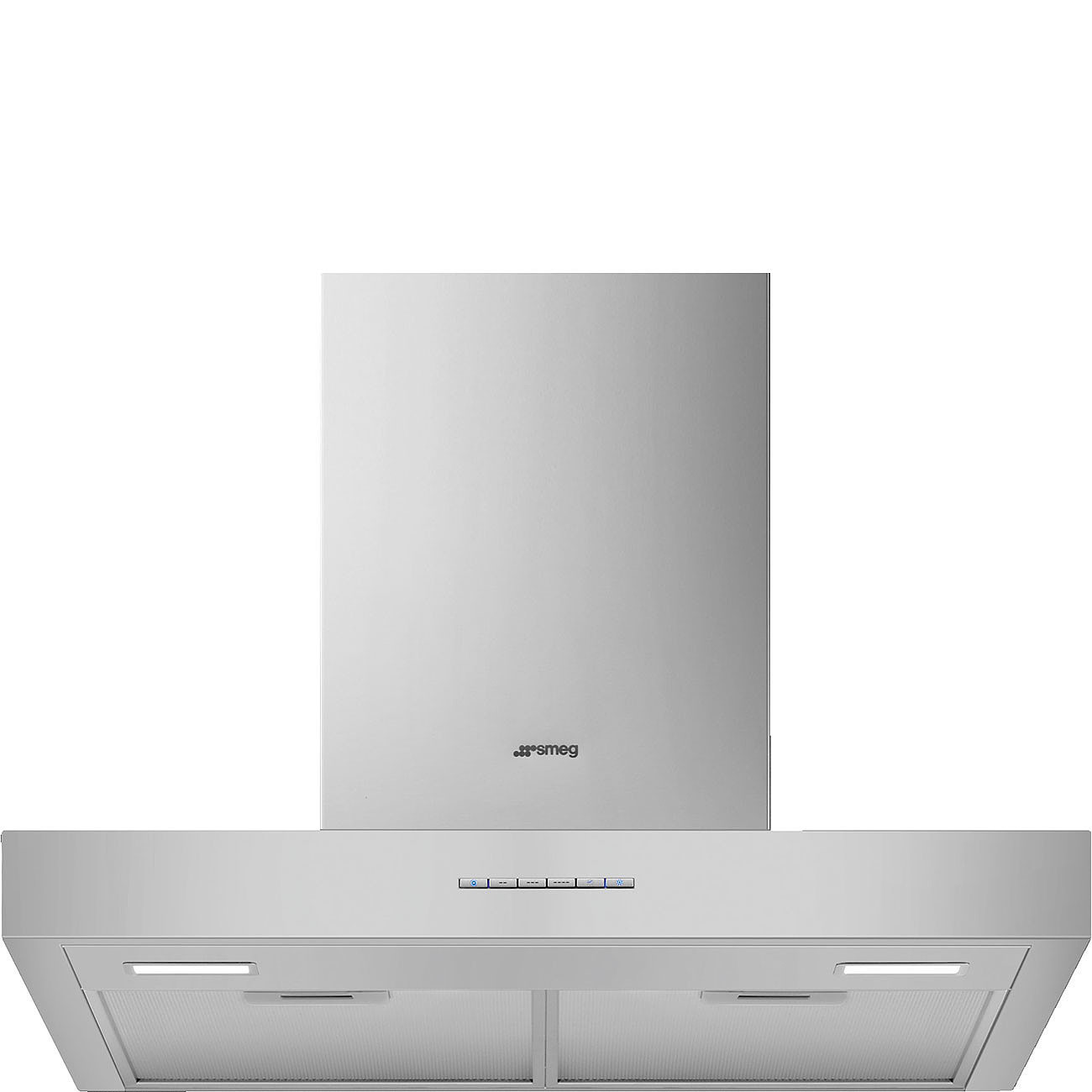 Campana extractora de acero inoxidable con panel de control y luces.