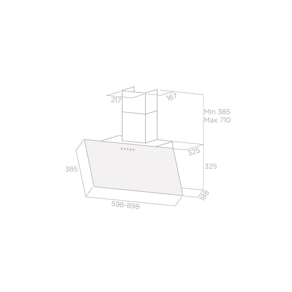 Disegno tecnico di una cappa aspirante con dimensioni.