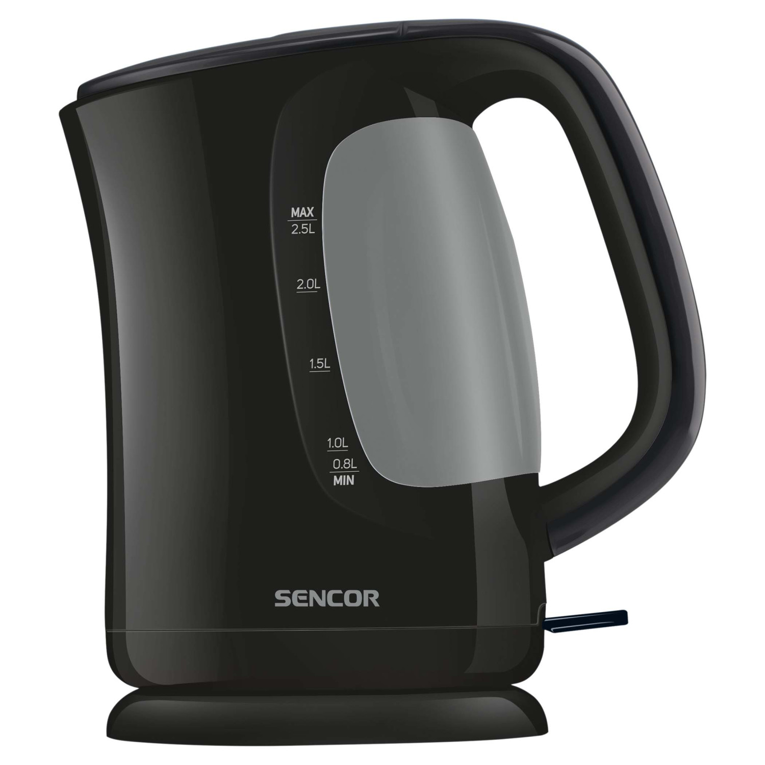 Bollitore elettrico nero con indicatore livello acqua e manico. Logo SENCOR.