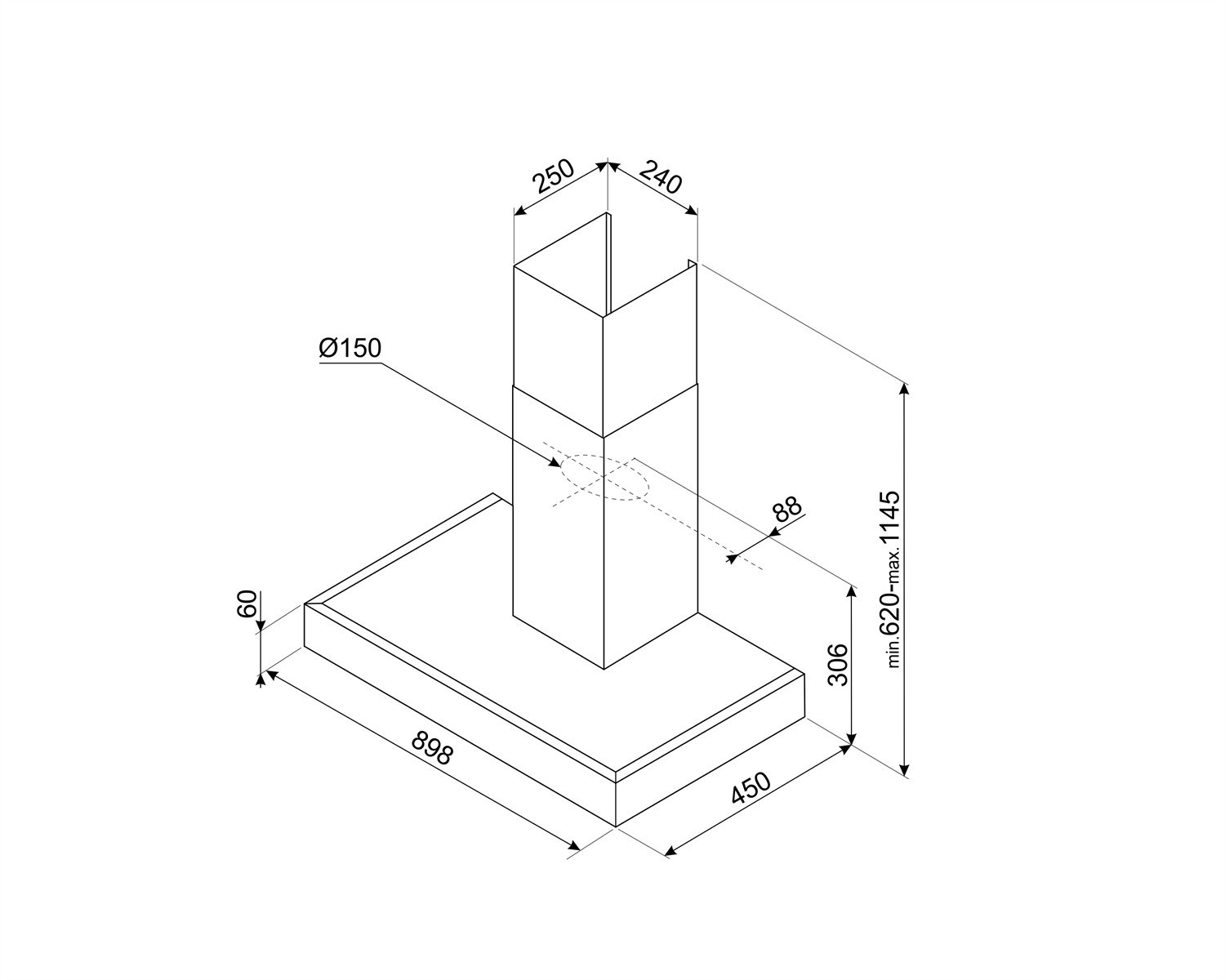 Disegno tecnico di una cappa da cucina con dimensioni.