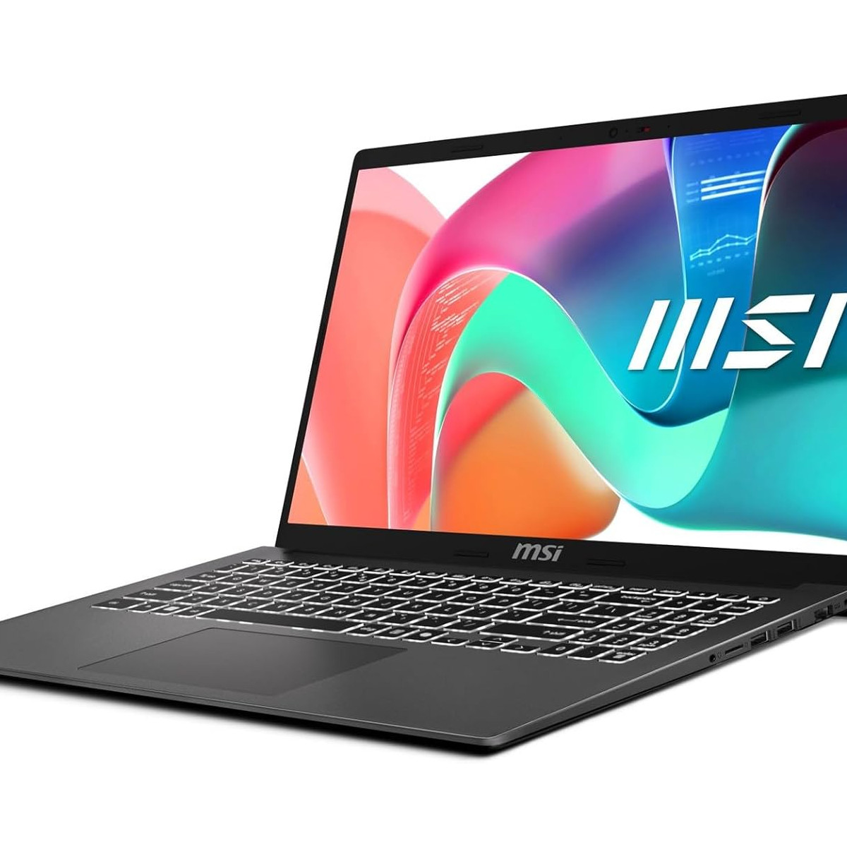 Un laptop aperto mostra uno sfondo astratto colorato sullo schermo.