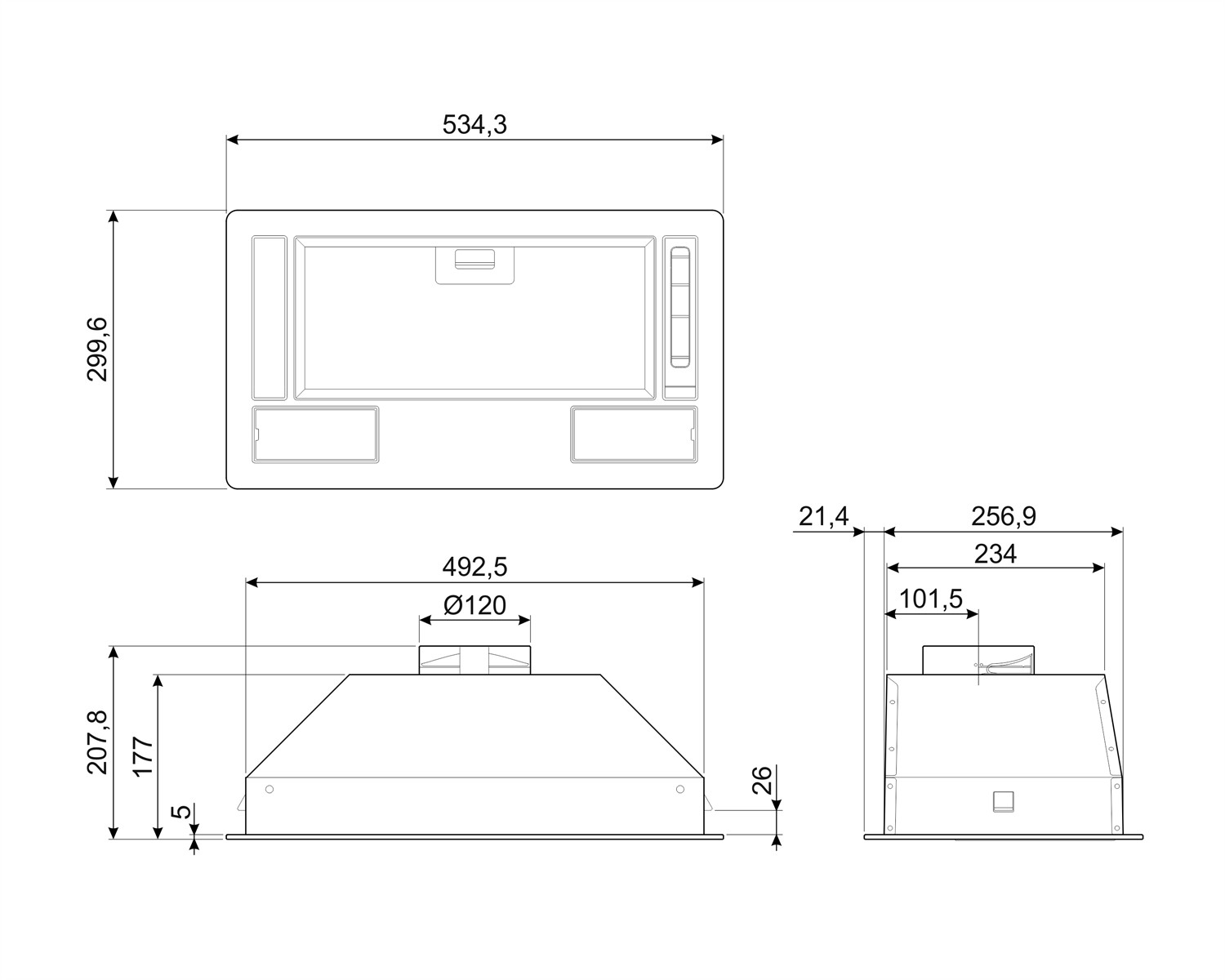 Dibujo técnico de una campana extractora con dimensiones en mm.