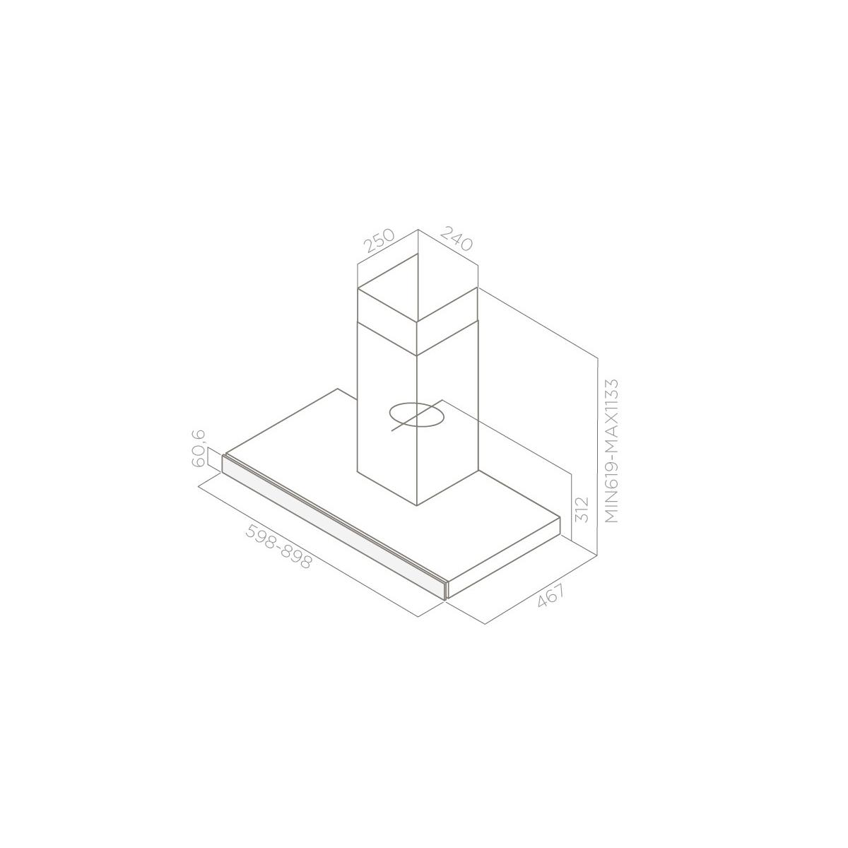 Disegno tecnico di una cappa da cucina con dimensioni.