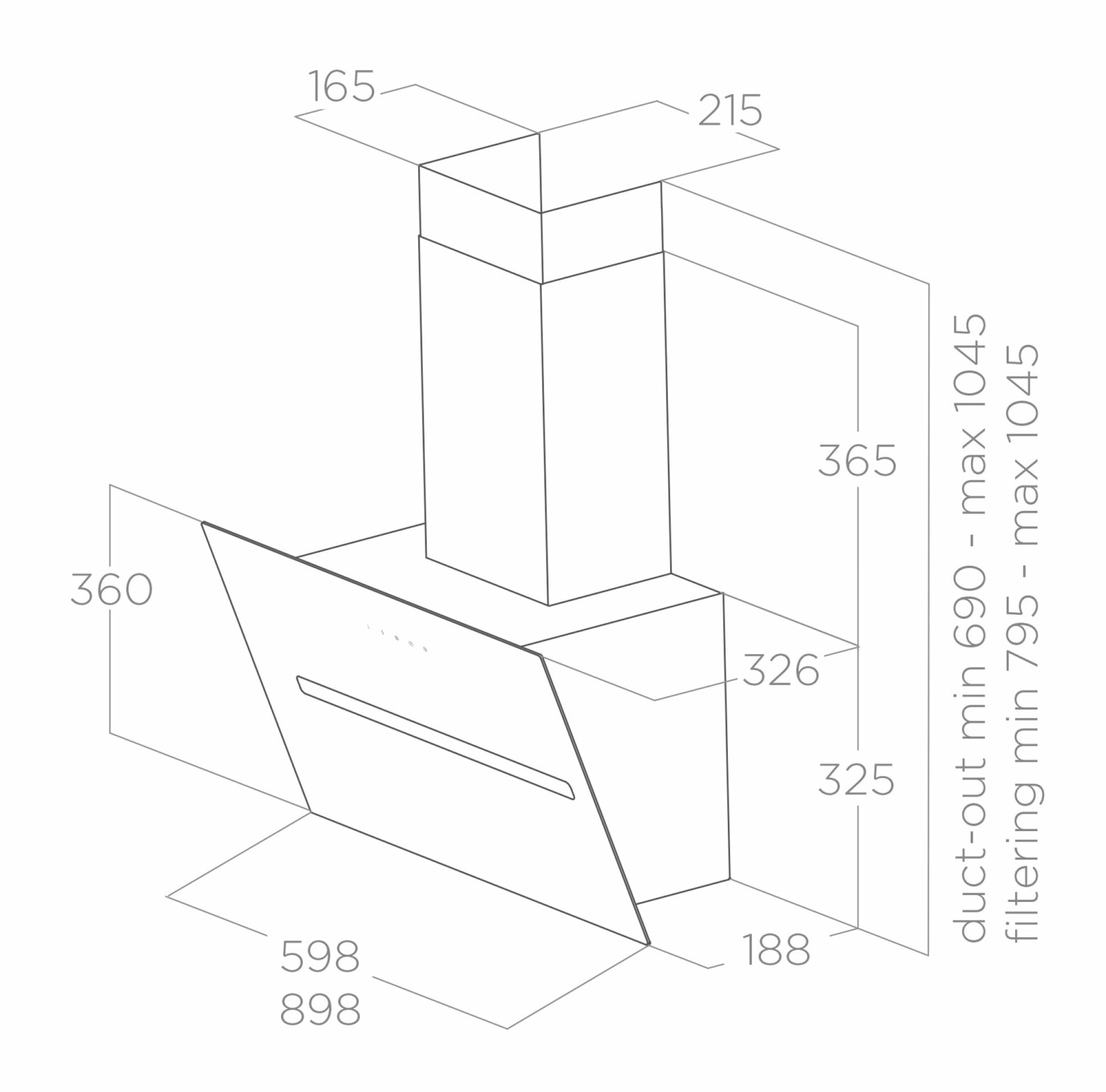 Disegno tecnico di una cappa da cucina con dimensioni in mm.