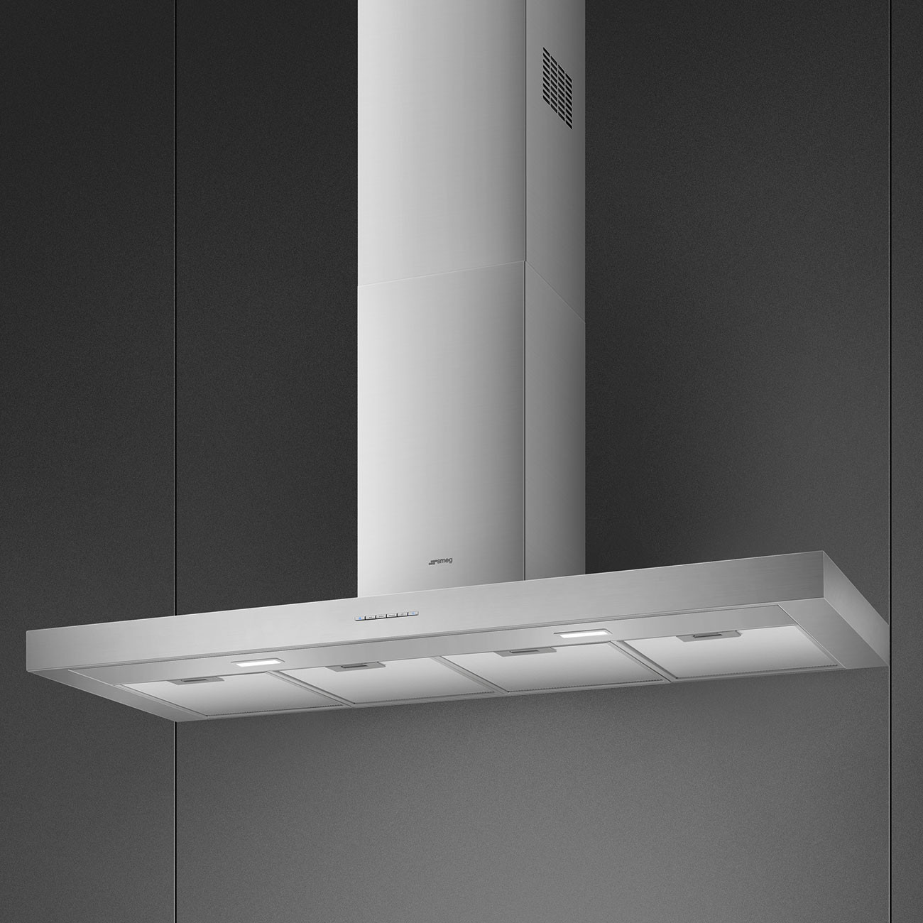 Una campana extractora plateada con luces y rejillas de ventilación.
