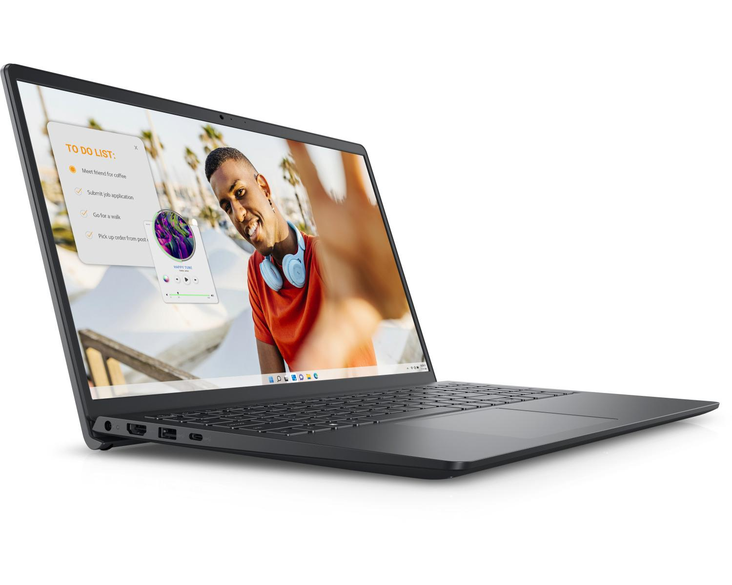 Un laptop nero mostra un giovane con cuffie e una lista di cose da fare.