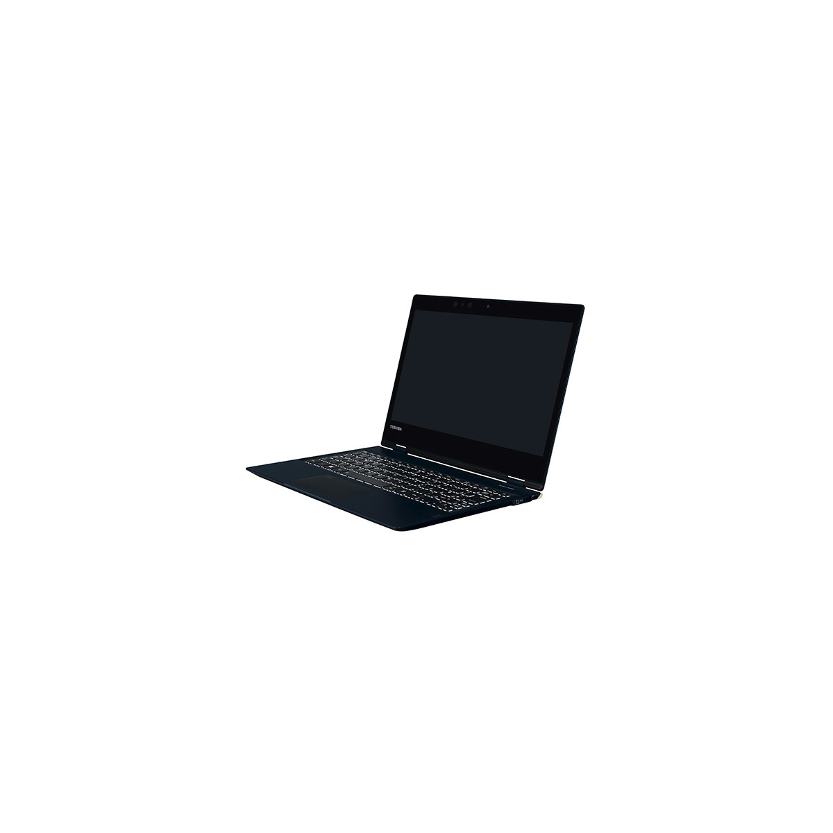 Un laptop Toshiba chiuso, blu scuro, riposa su uno sfondo bianco.