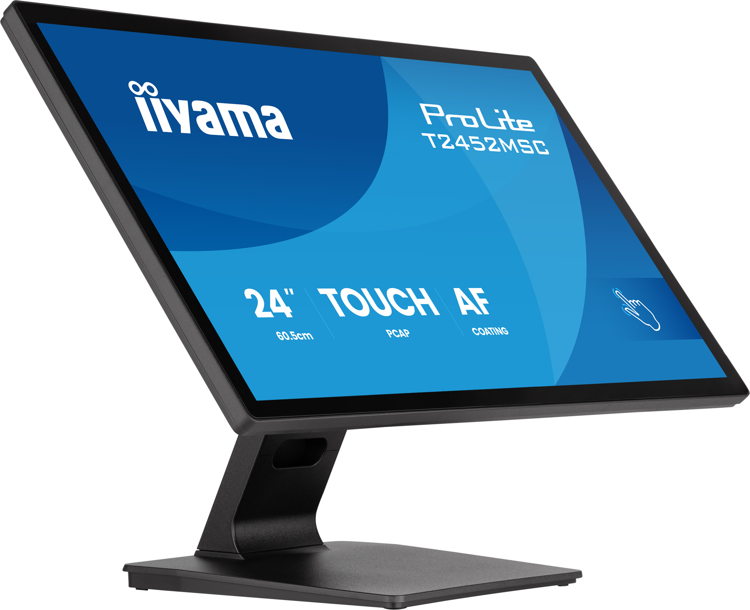 Un monitor nero con testo "iiyama ProLite T2452MSC" su sfondo blu.