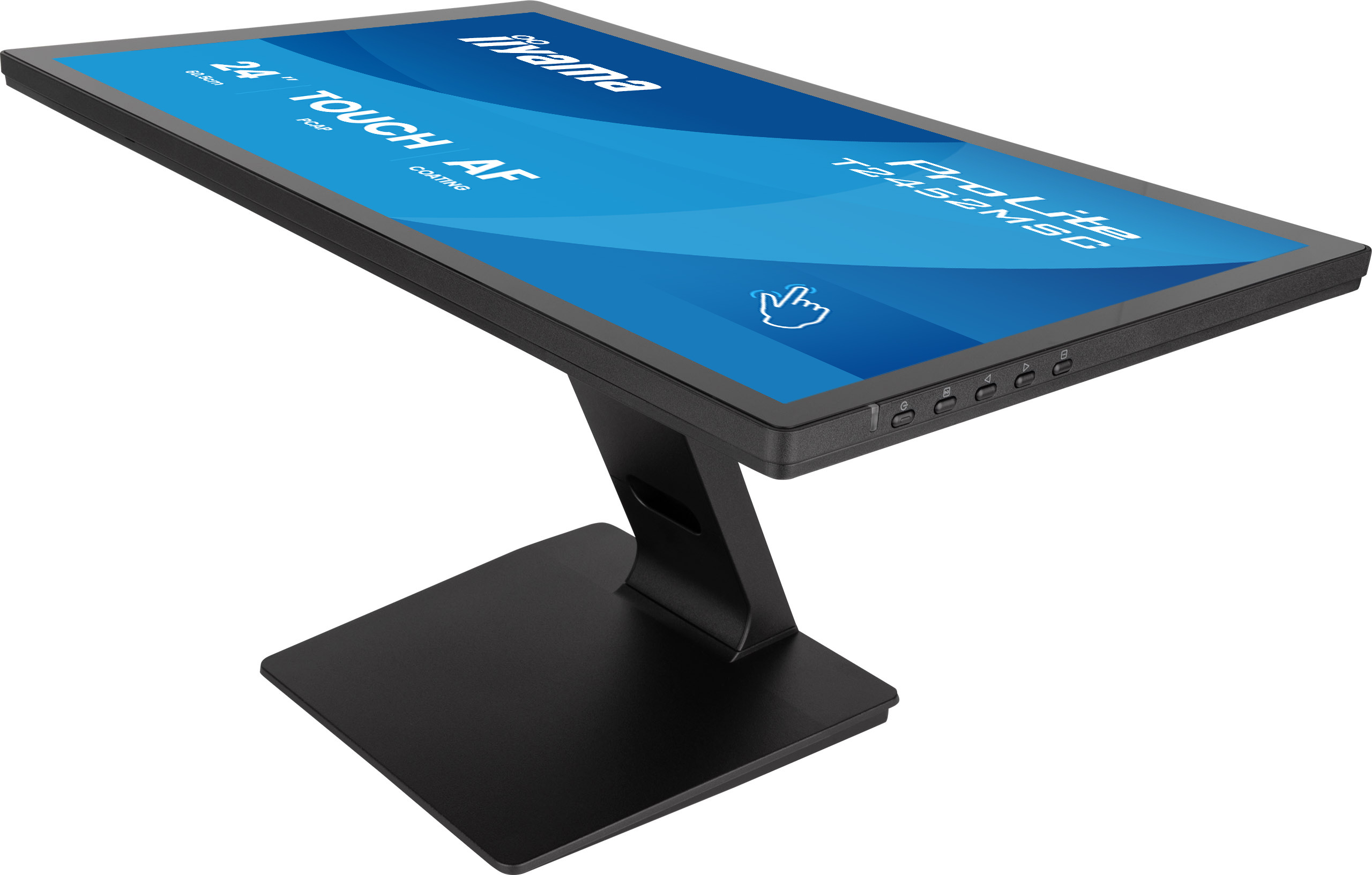 Un monitor touchscreen da 24 pollici con supporto nero e sfondo blu.