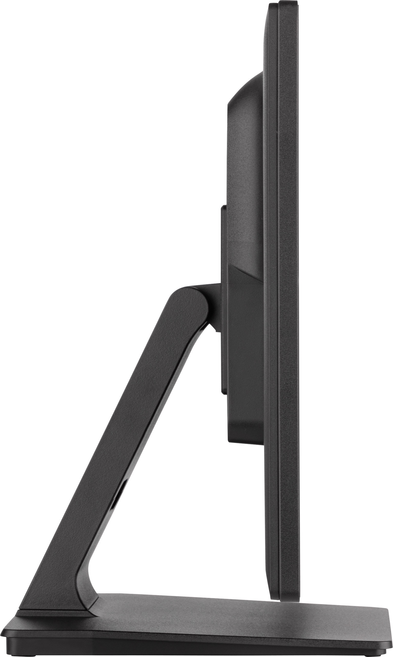 Monitor per computer nero con supporto, visto di lato.