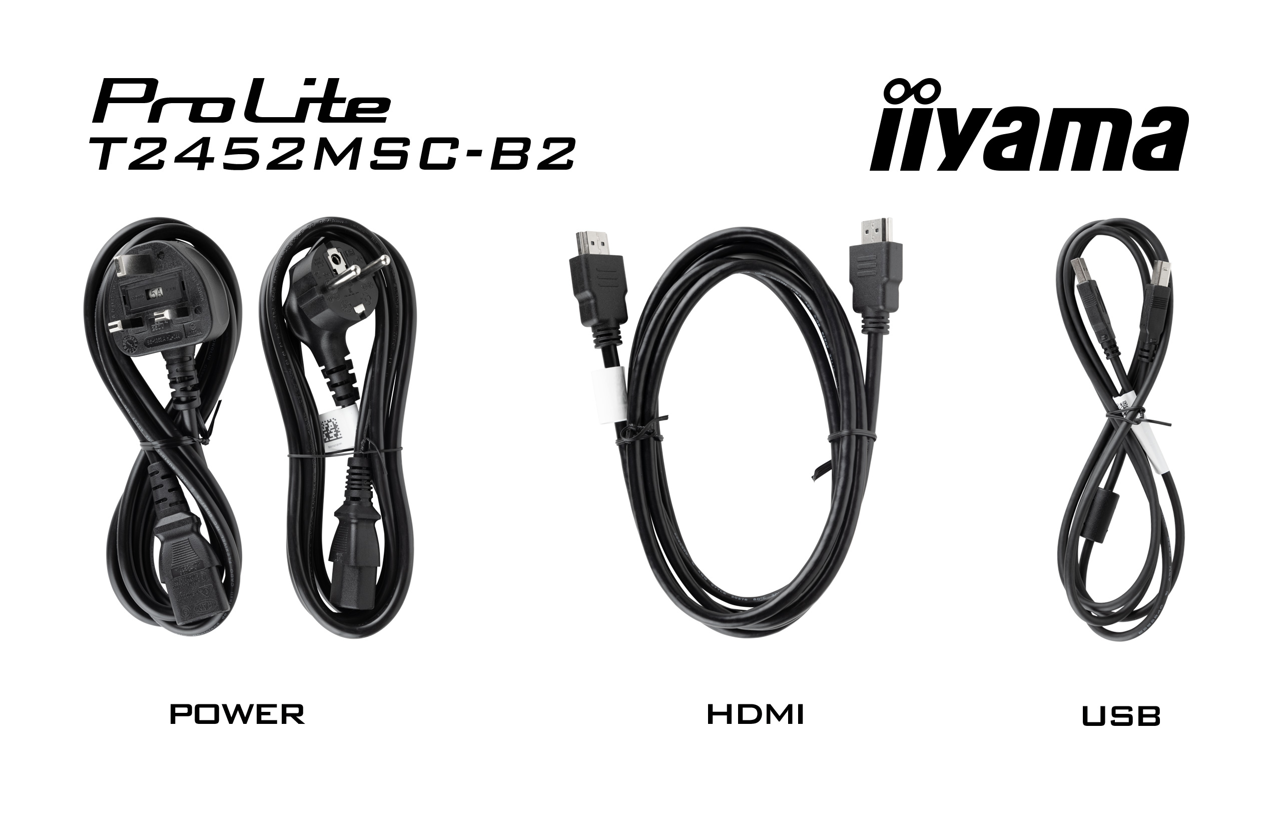 Tre cavi neri: alimentazione, HDMI e USB, con connettori ed etichette.