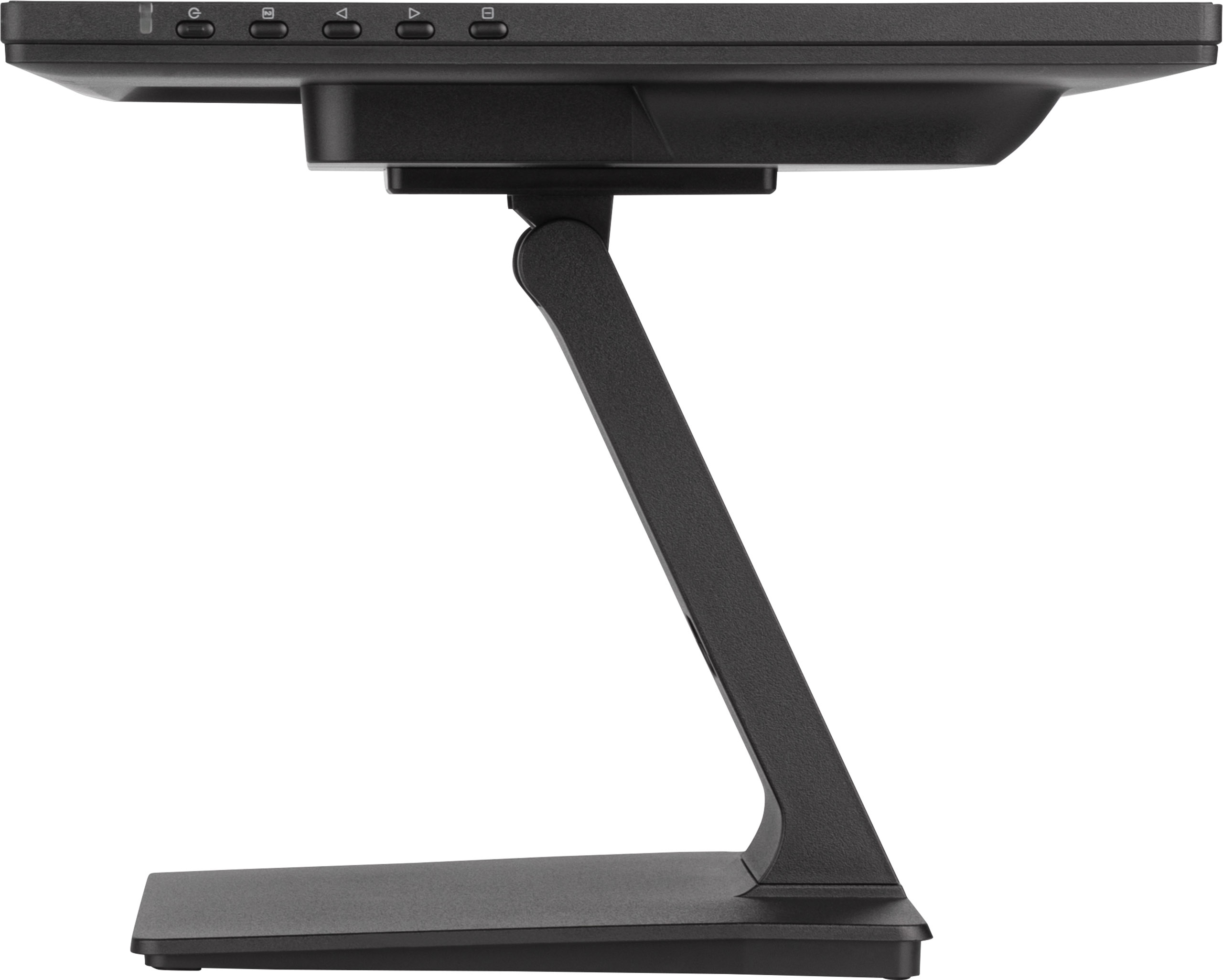 Supporto nero per monitor con braccio regolabile e pulsanti in alto.