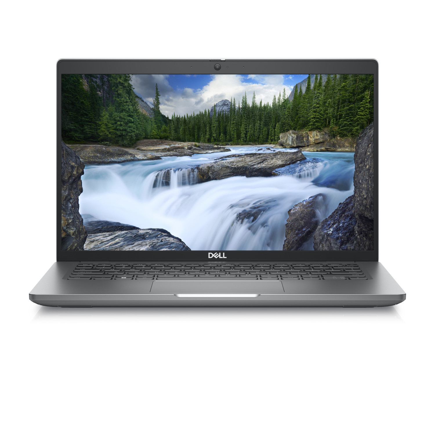 Un laptop Dell grigio chiuso mostra una cascata sullo schermo.