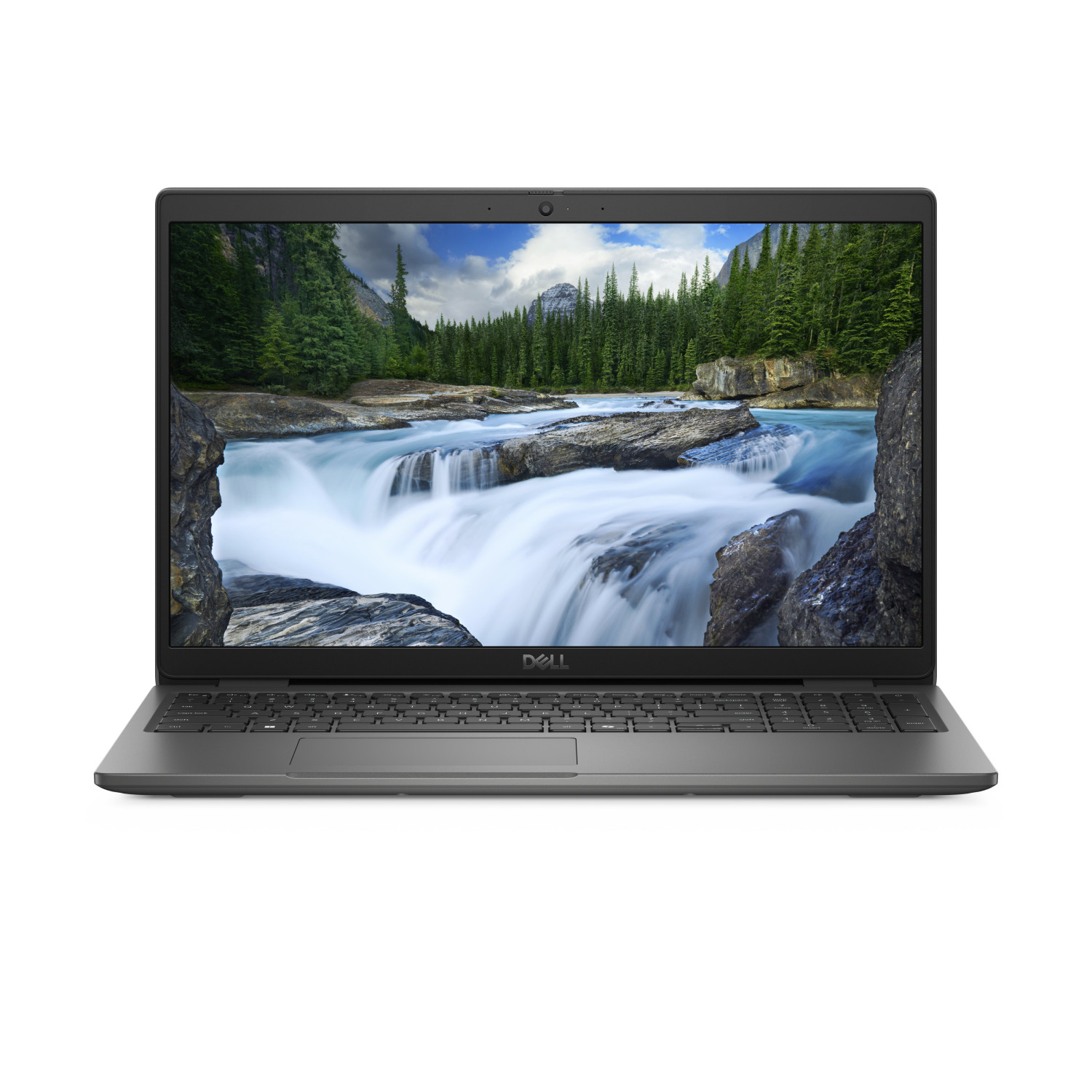Un laptop Dell grigio chiuso che mostra una cascata di montagna sullo schermo.