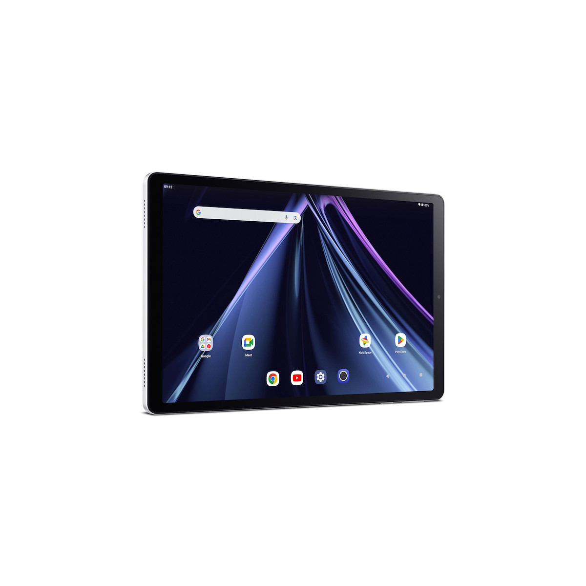 Un tablet argentato con uno sfondo scuro che mostra linee astratte.