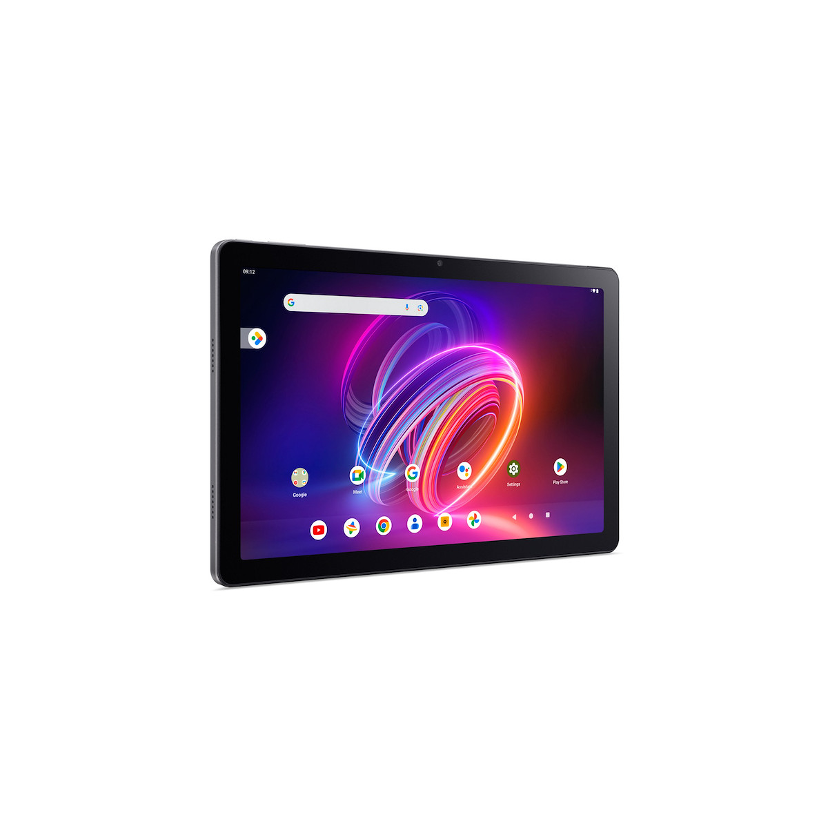 Un tablet nero che mostra uno sfondo colorato e icone di app sul suo schermo.