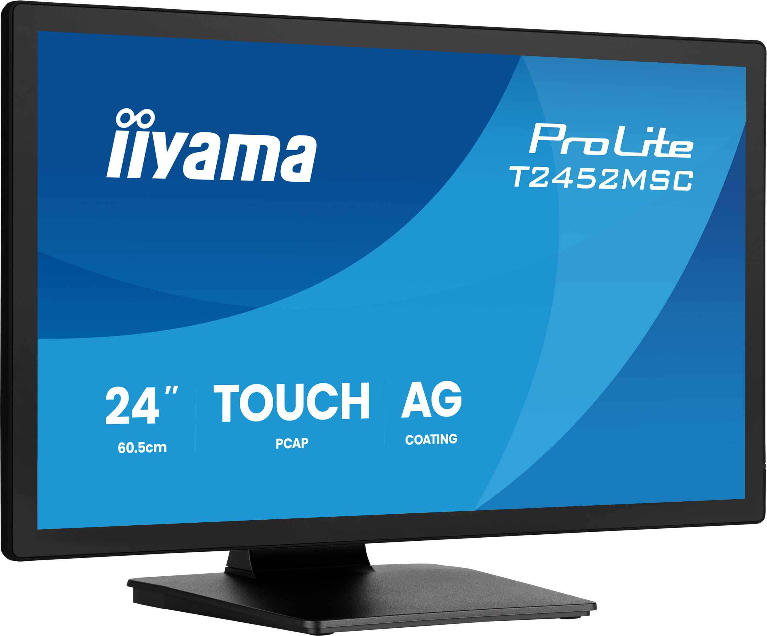 Un monitor touchscreen nero da 24 pollici con logo Iiyama e dettagli del prodotto.