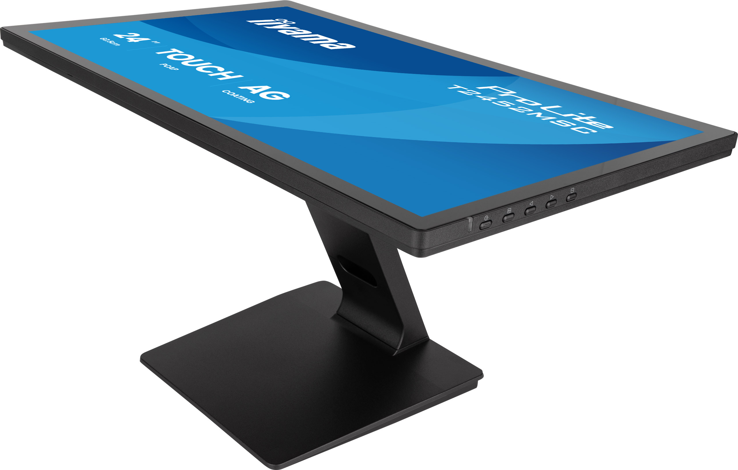 Un monitor touchscreen nero da 24 pollici con schermo blu che mostra testo bianco.