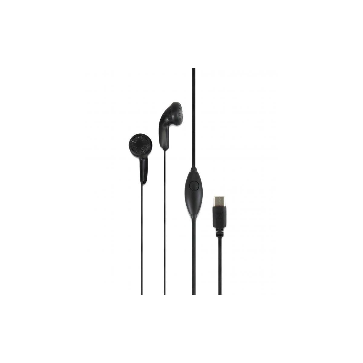 Zwarte in-ear oordopjes met USB-C connector en inline afstandsbediening.