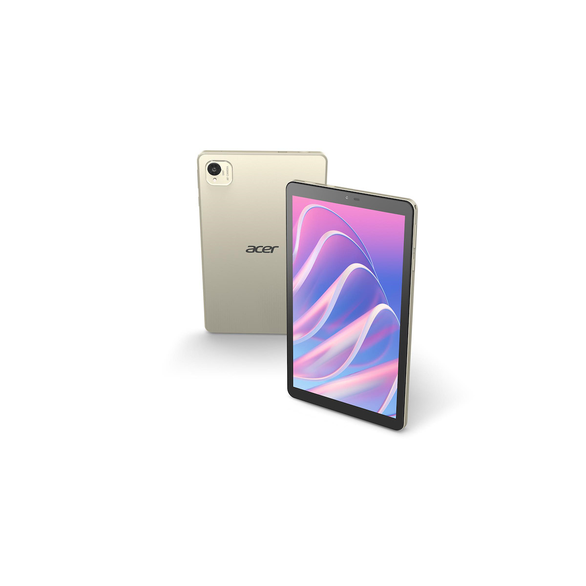 Dos tablets Acer doradas sobre fondo blanco. Una muestra una pantalla colorida.