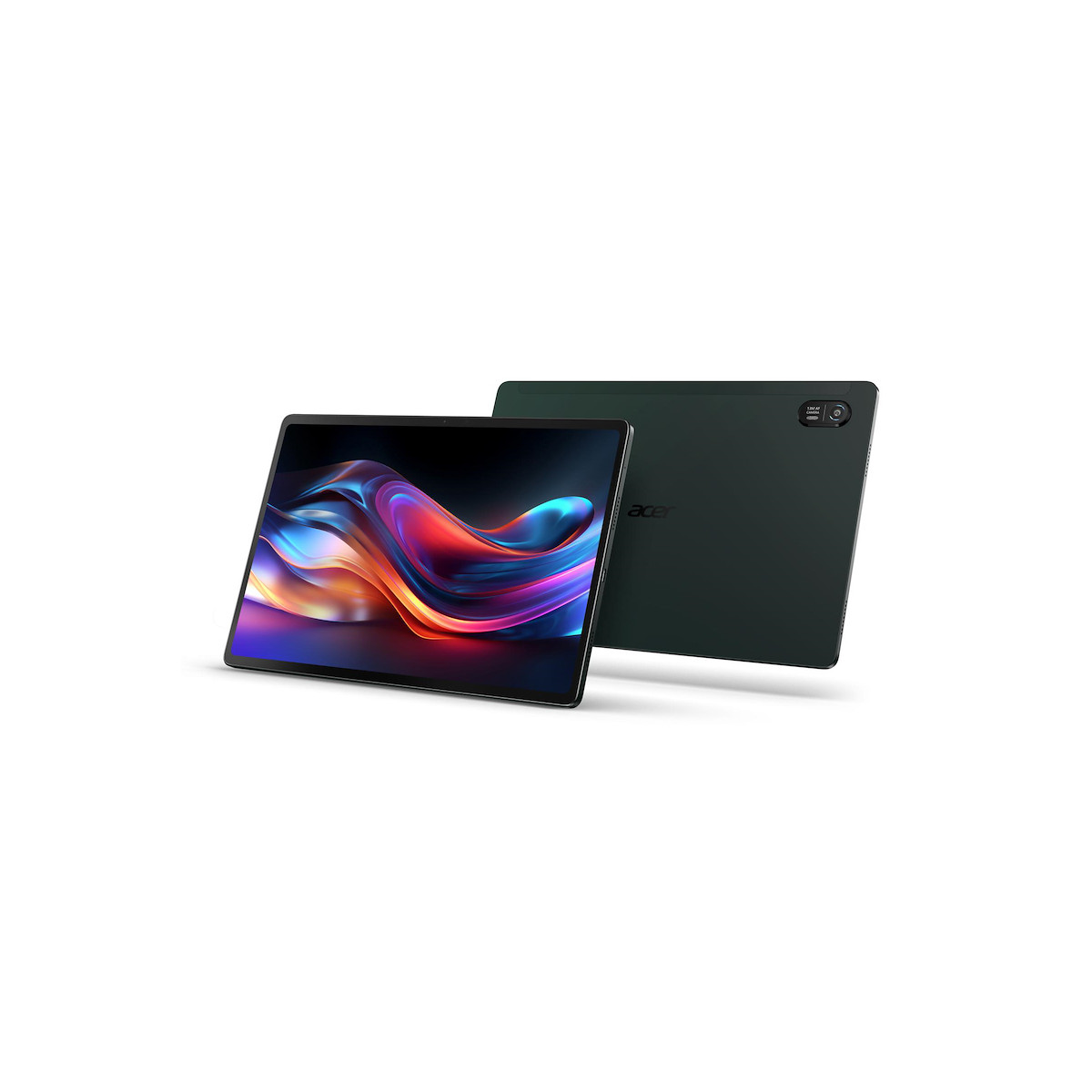 Ein dunkelgrünes Tablet mit einem bunten Hintergrundbild auf dem Bildschirm.