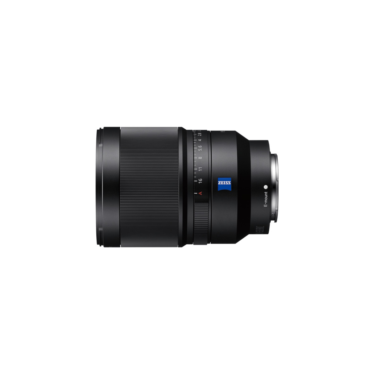 Ein schwarzes Kameraobjektiv mit Fokusring und Blendenring. Zeiss-Logo.