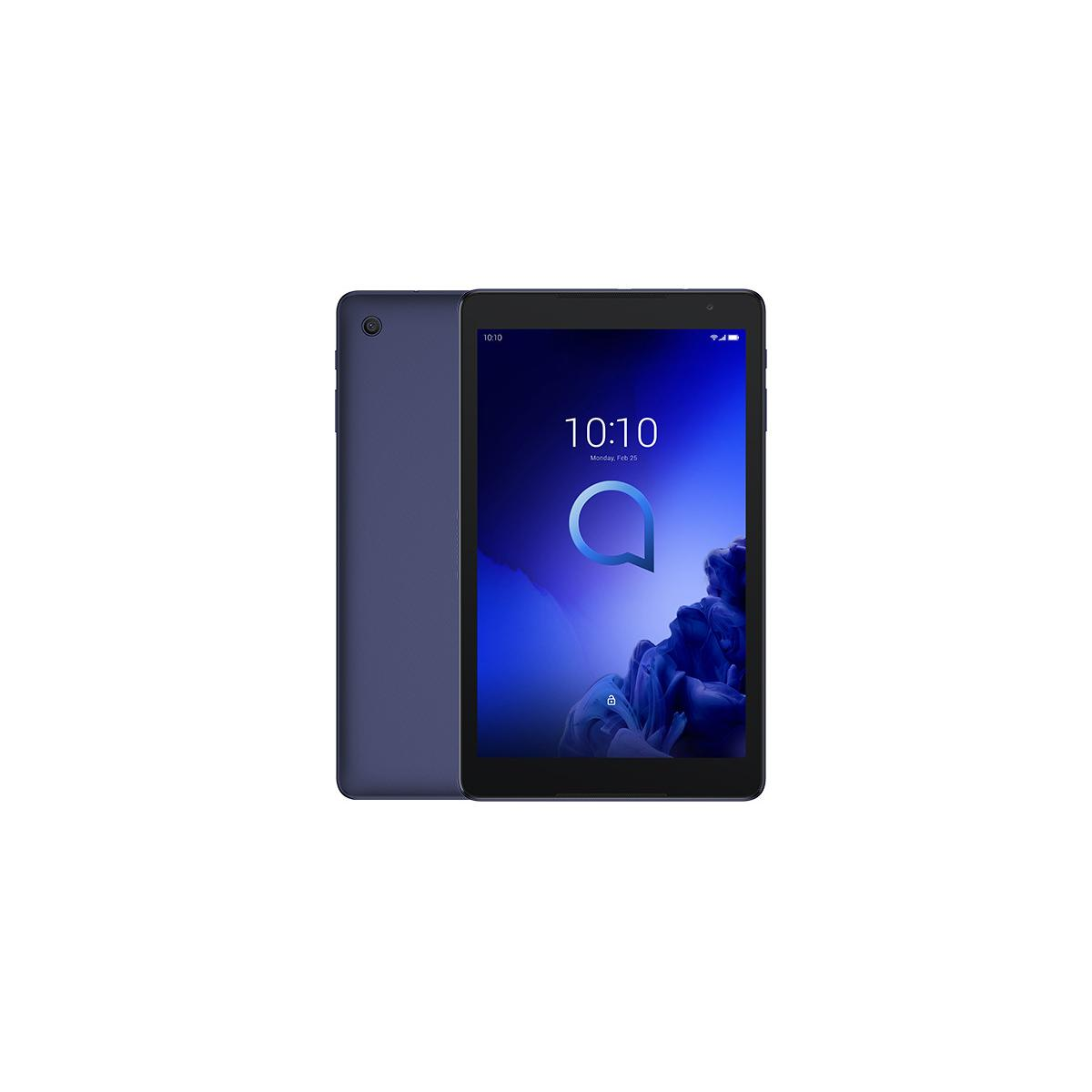 Un tablet blu con fotocamera posteriore e pulsante di accensione.