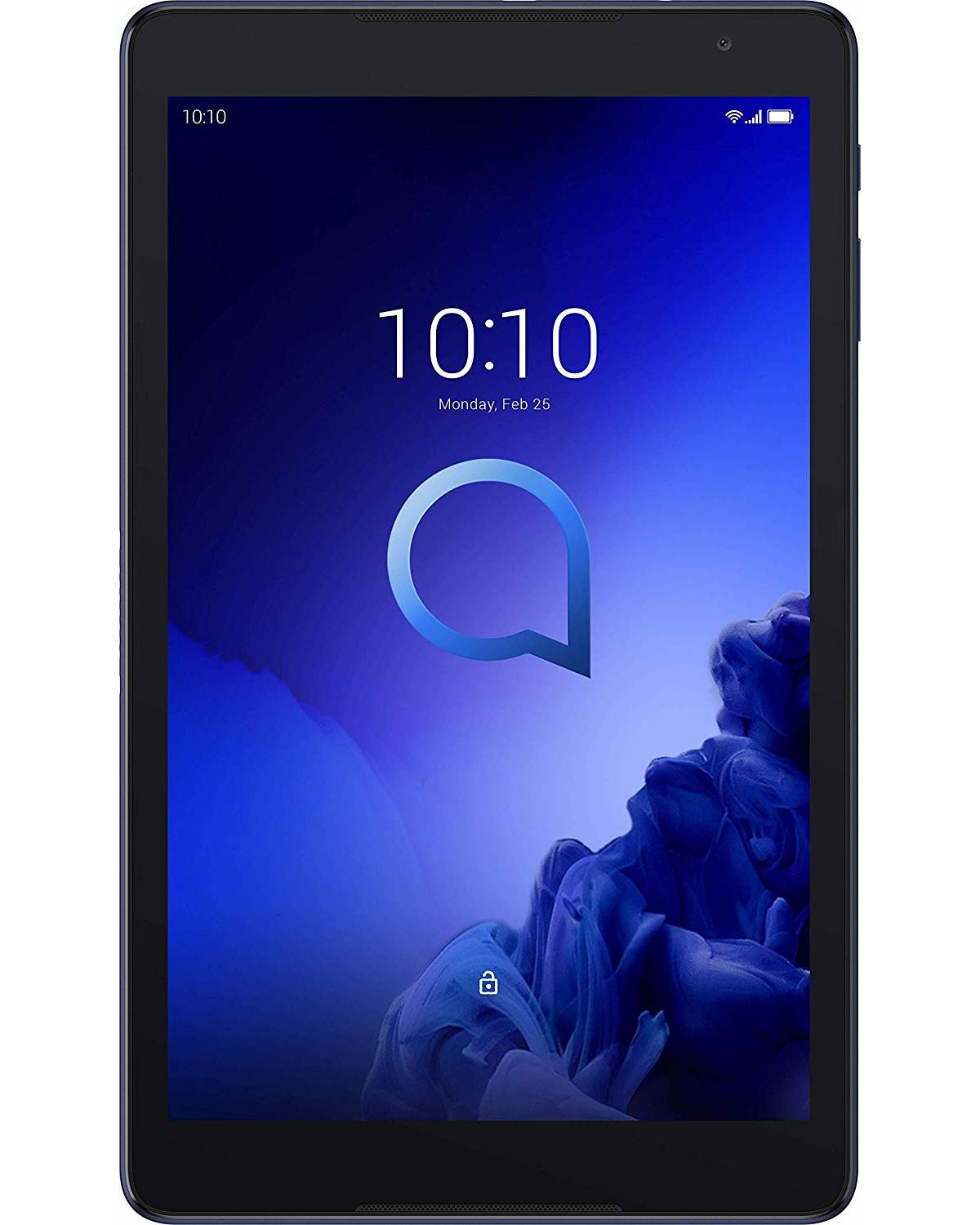 Un tablet blu scuro mostra un'icona di lucchetto sullo schermo con l'ora 10:10.