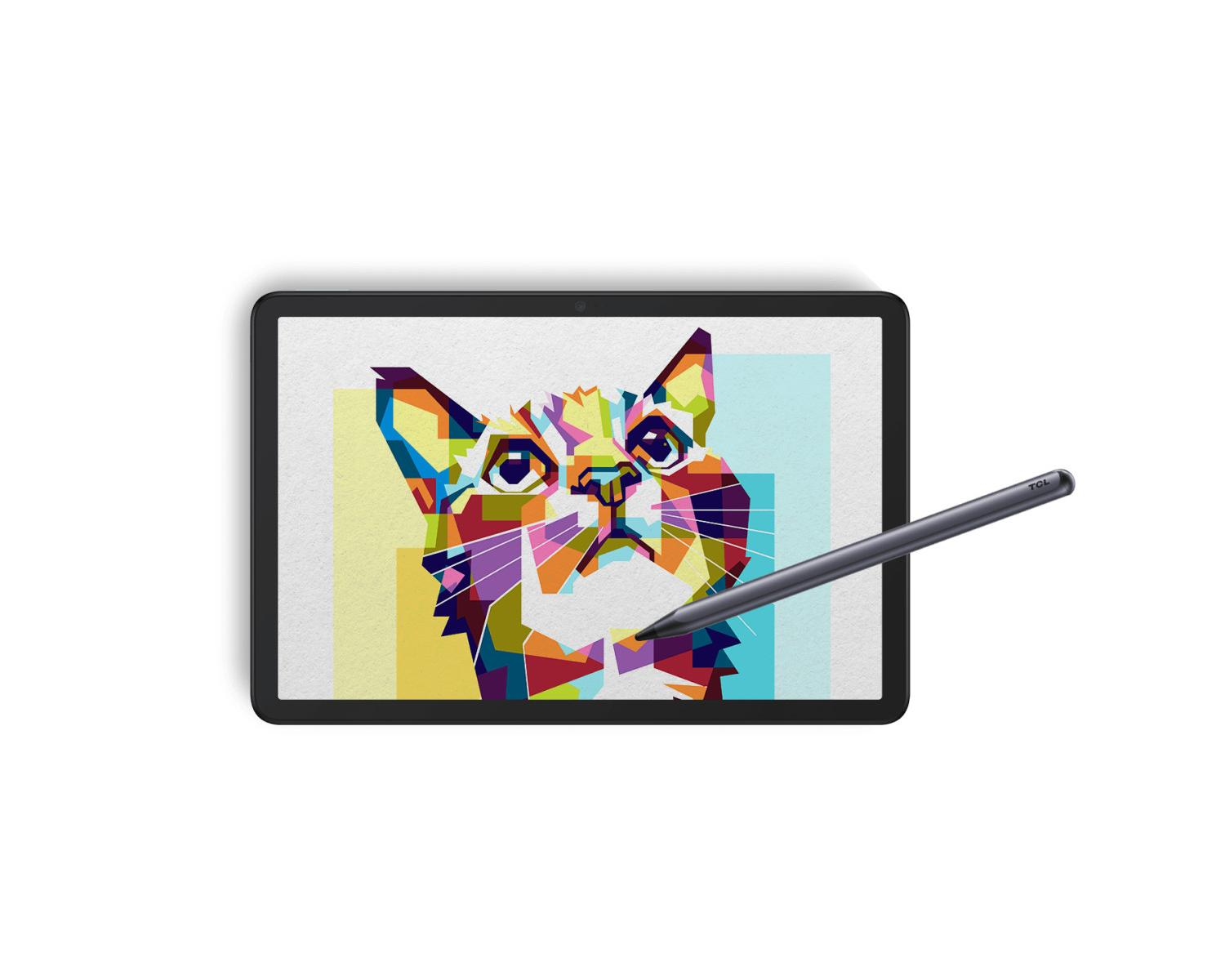 Una tableta muestra un retrato de gato geométrico colorido con un lápiz.