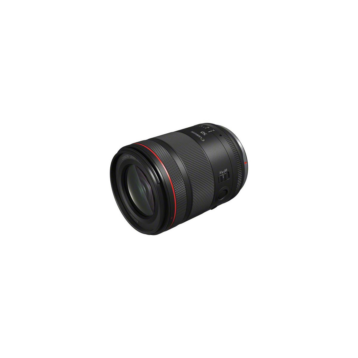 Lente Canon negra con anillo rojo y anillo de control de foco/apertura.