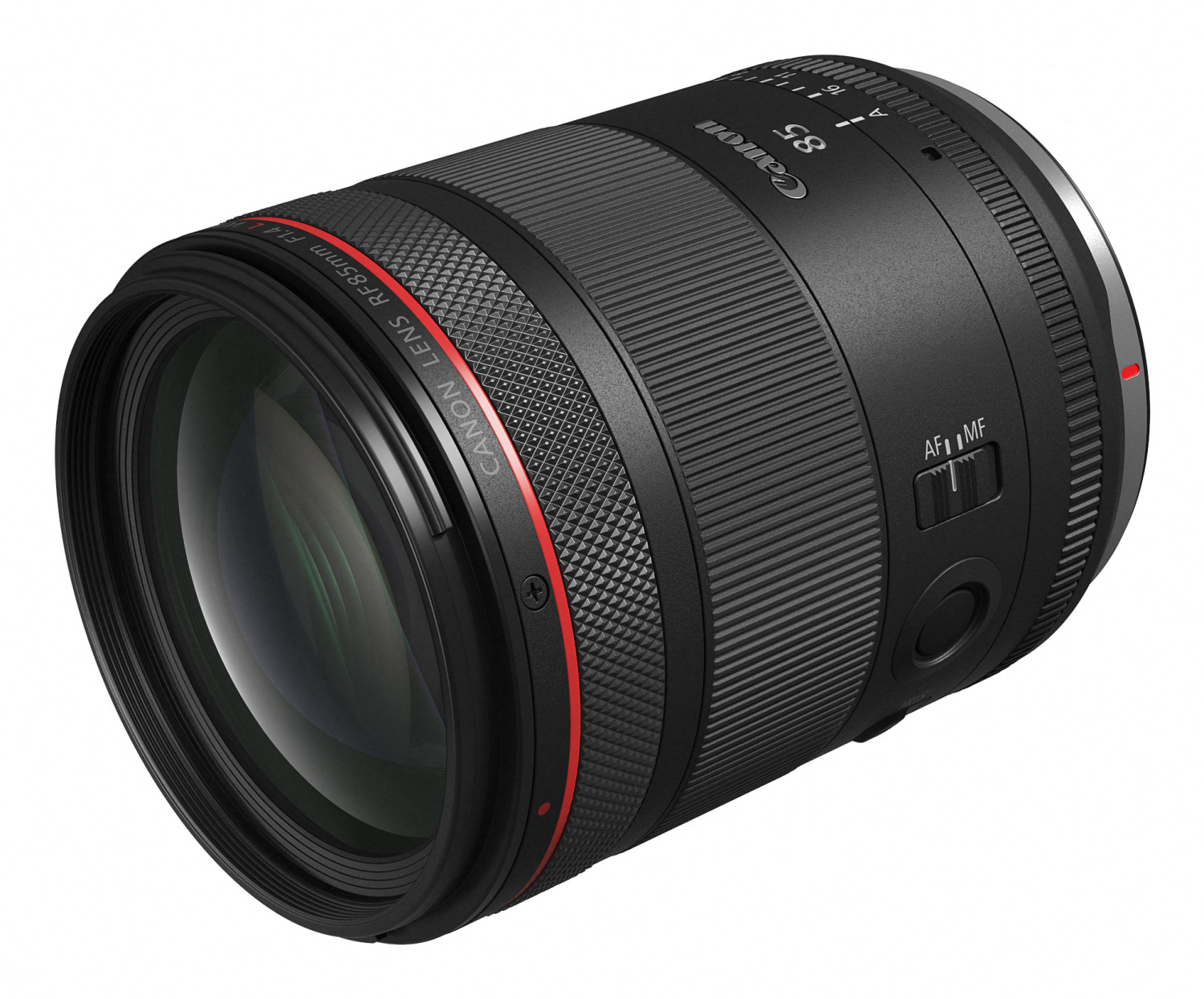 Un lente Canon RF 85mm F1.2 L USM negro con anillo rojo, sobre fondo blanco.