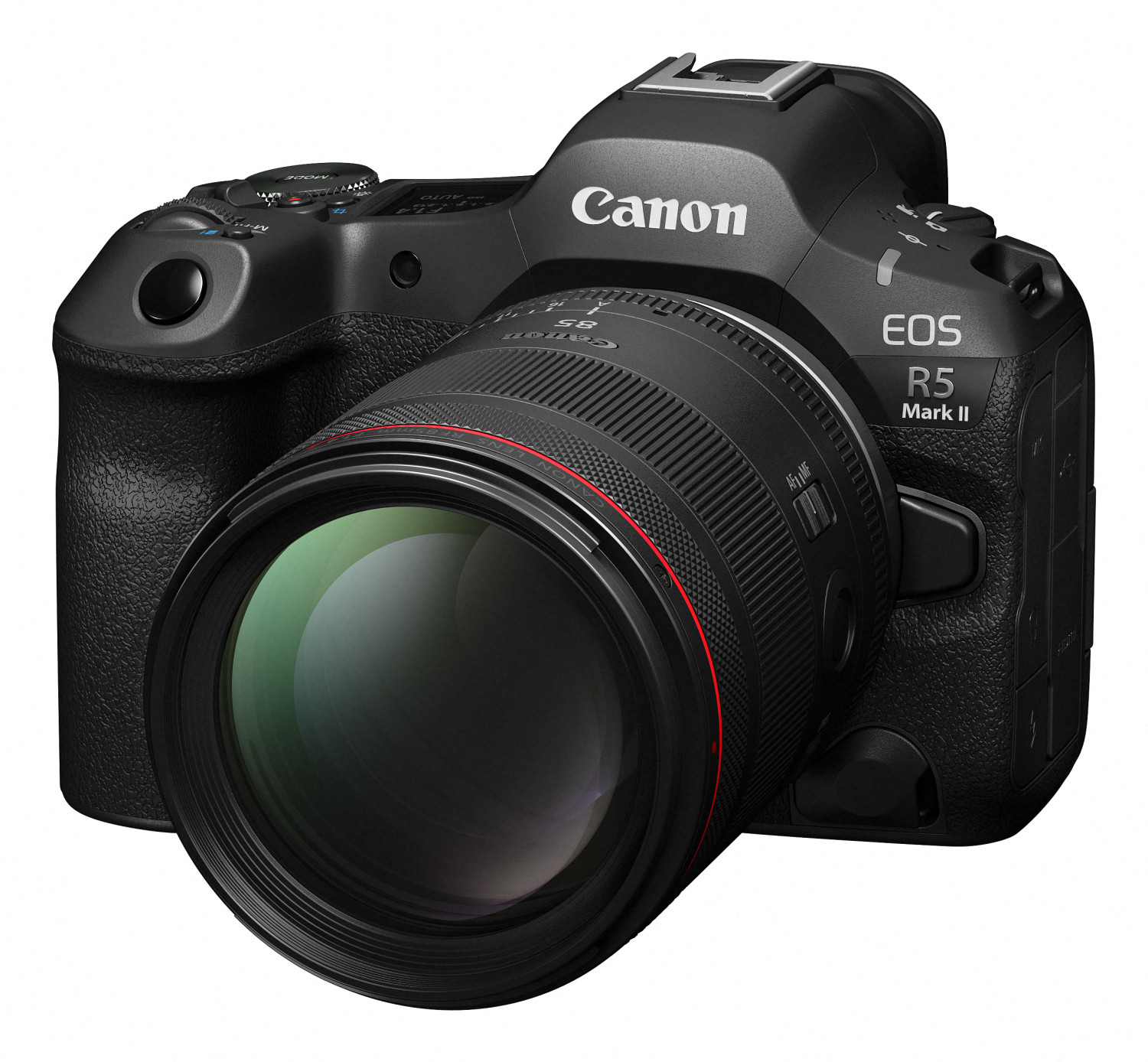 Cámara Canon EOS R5 Mark II negra con lente grande.
