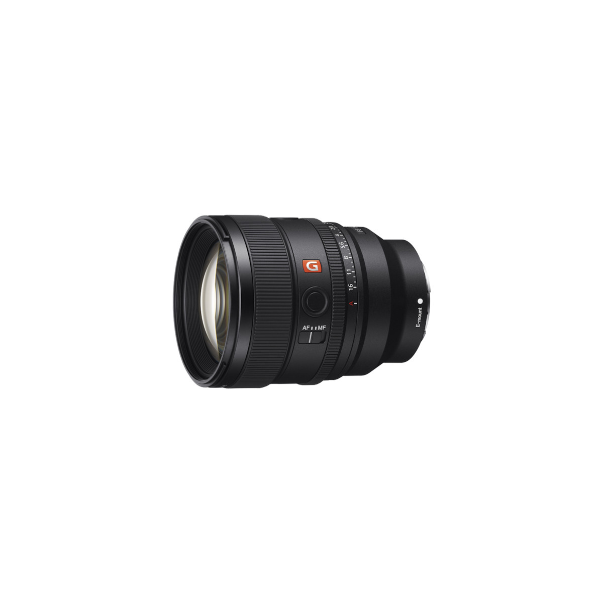 Ein schwarzes Sony G Master Objektiv mit silbernen Markierungen und einer E-Mount-Markierung.