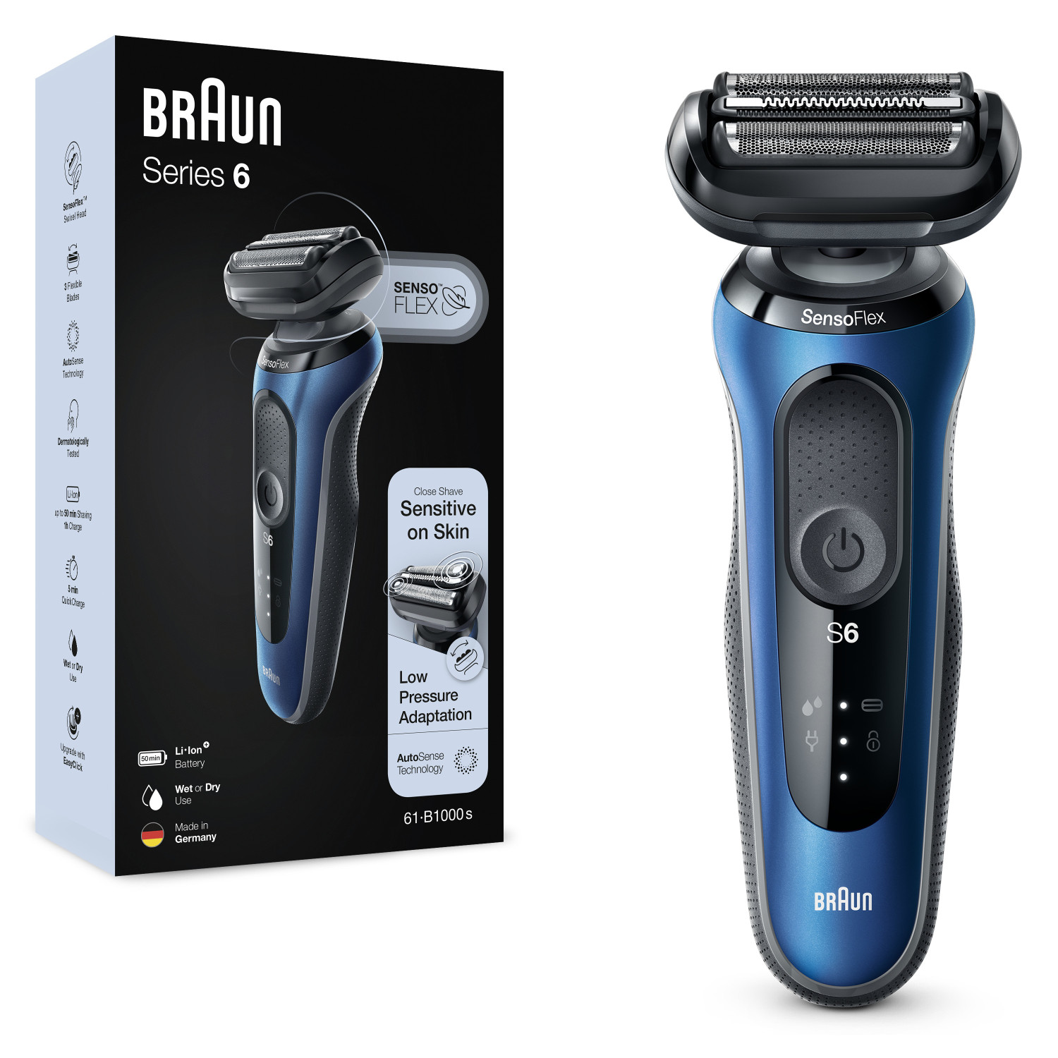 Un rasoir électrique Braun Series 6 bleu avec SensoFlex et des accents argentés.