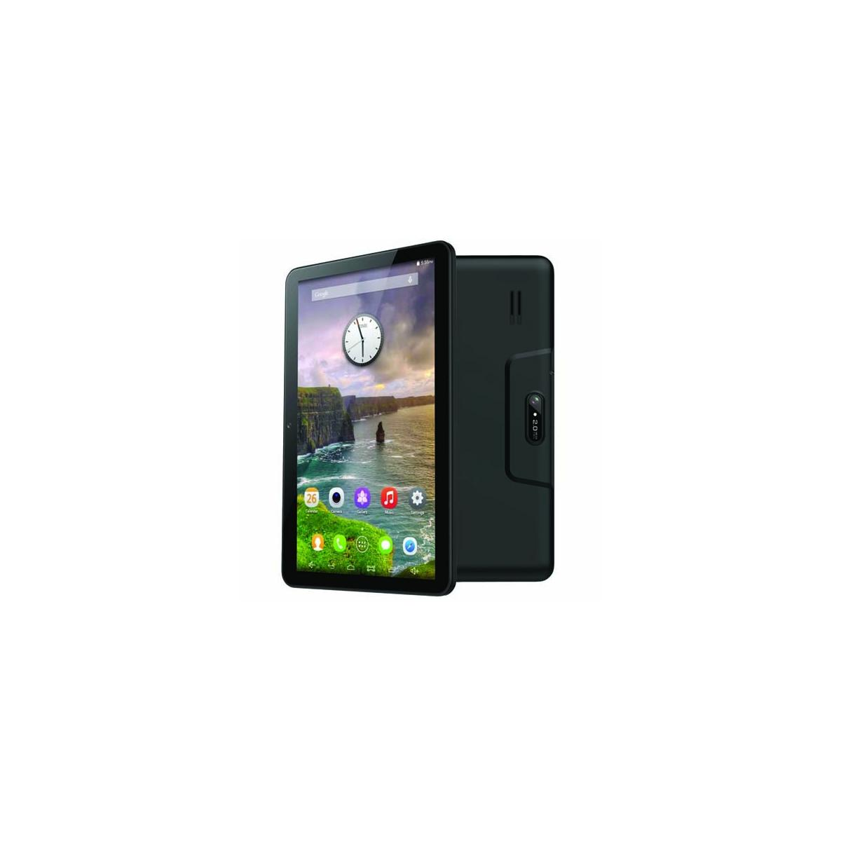 Un tablet nero con scogliere e mare sullo schermo, con il retro visibile.
