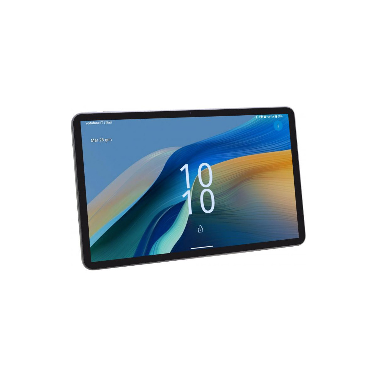 Un tablet che visualizza uno sfondo colorato con l'ora 10:10.
