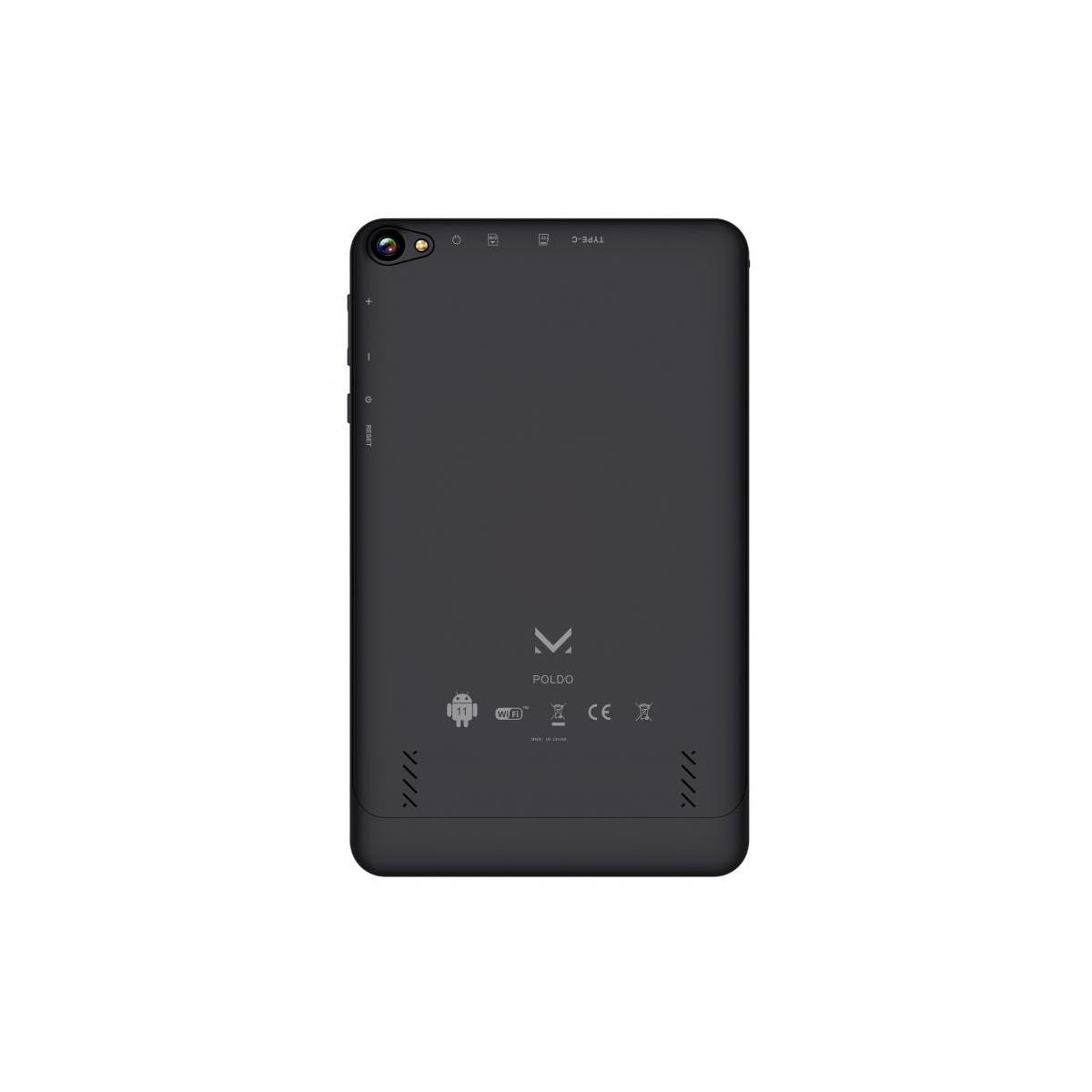 Retro di un tablet nero con fotocamera, porte e loghi.