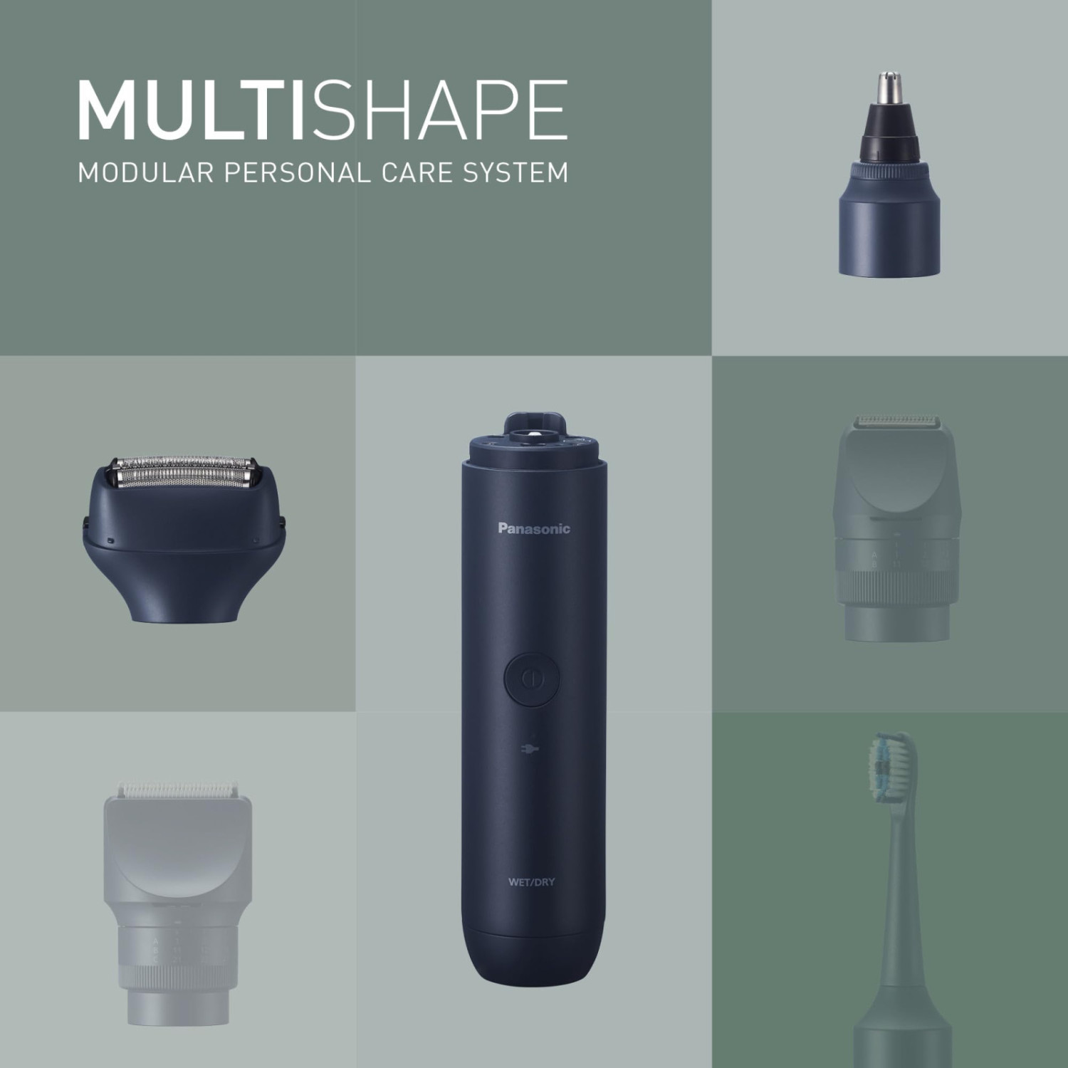 Un sistema di cura personale modulare scuro con vari accessori.