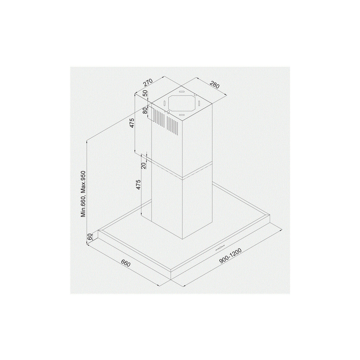 Disegno tecnico di una cappa da cucina con dimensioni.