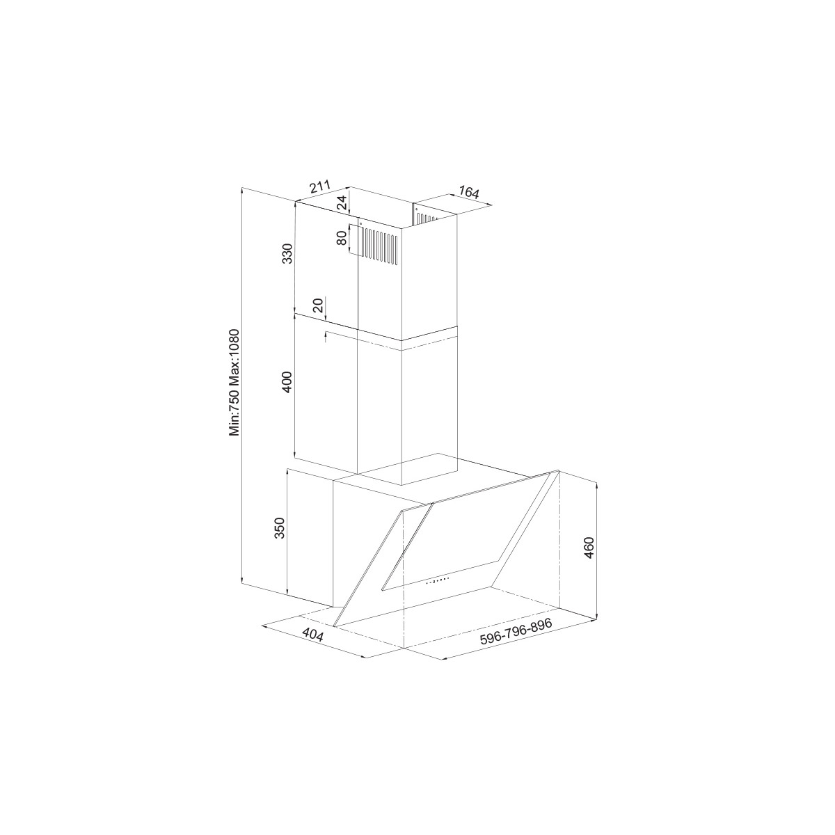 Disegno tecnico di una cappa aspirante con dimensioni. Presenta camino e vetro angolato.