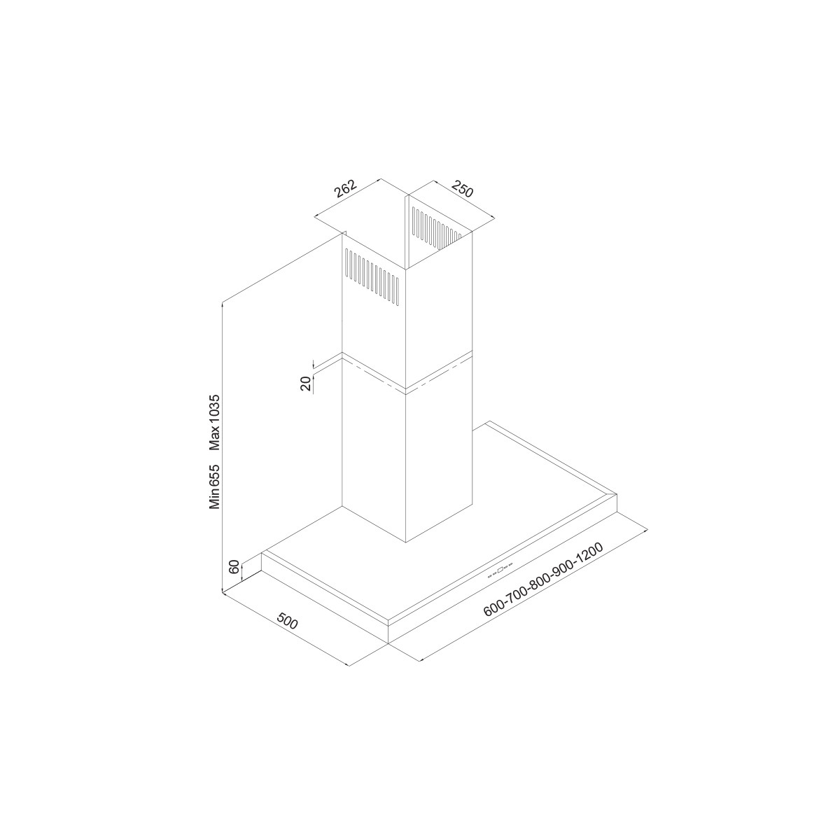 Disegno tecnico di una cappa aspirante con dimensioni.