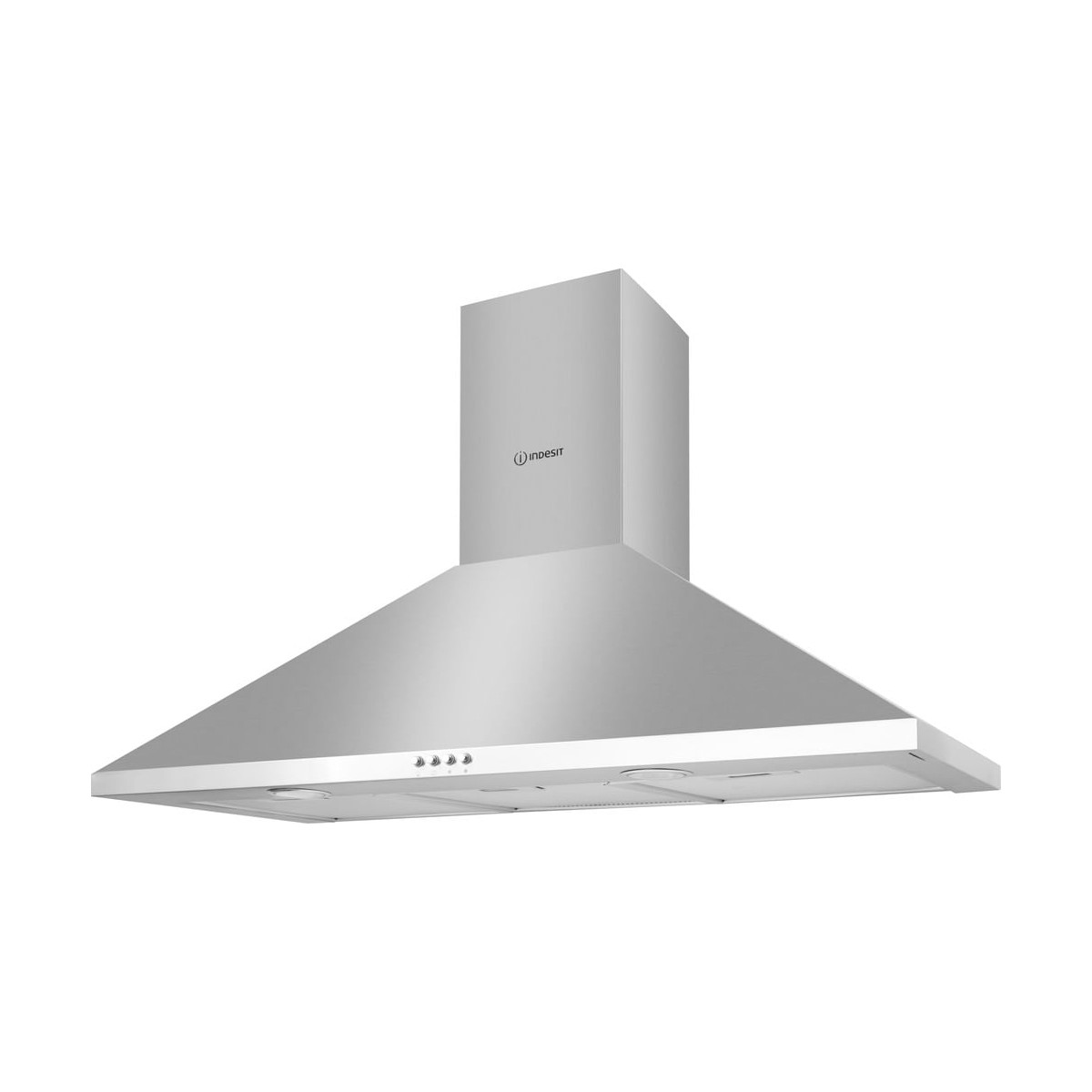 Campana extractora de acero inoxidable con logo Indesit y botones.