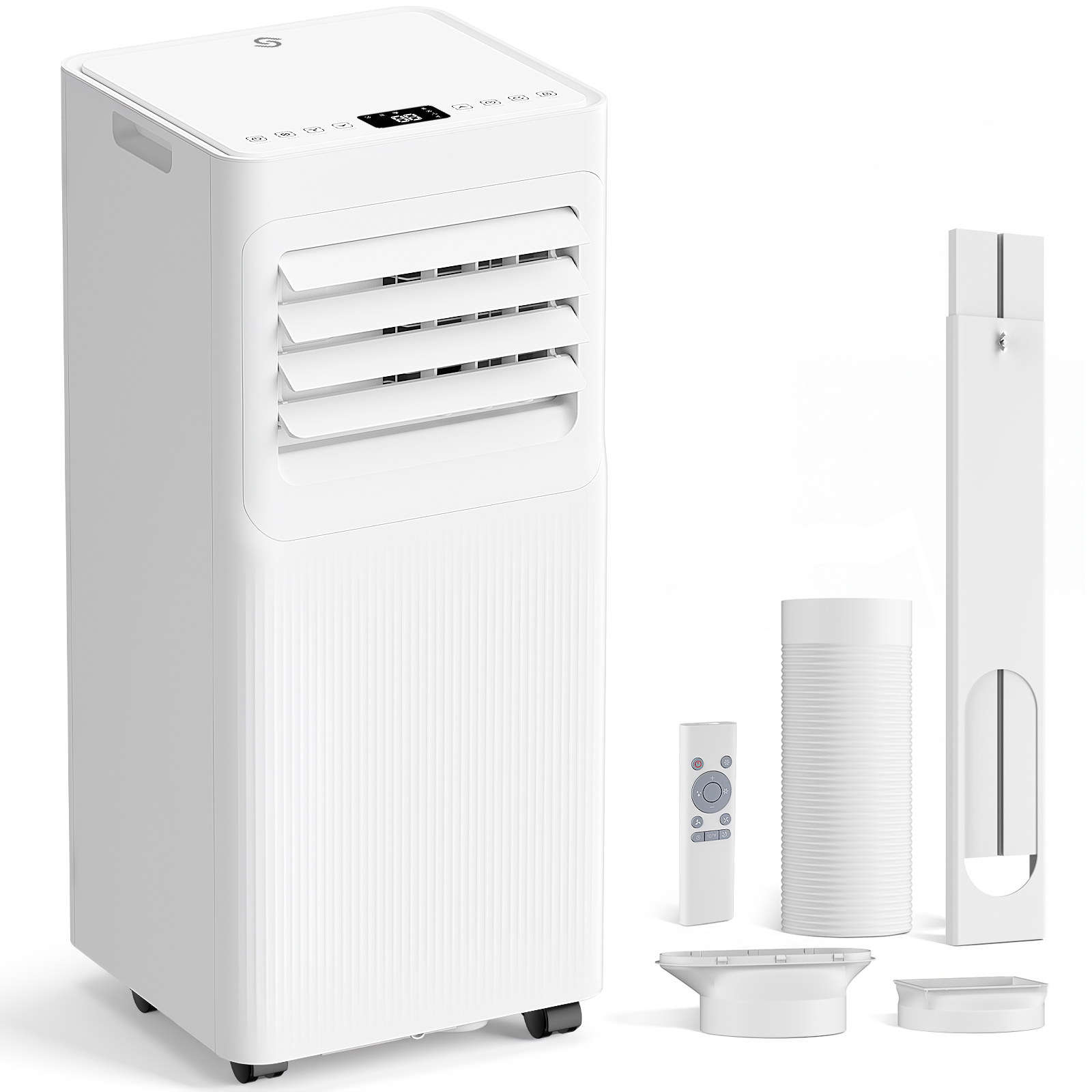 Una unidad blanca de aire acondicionado portátil con rejillas, control remoto y accesorios.
