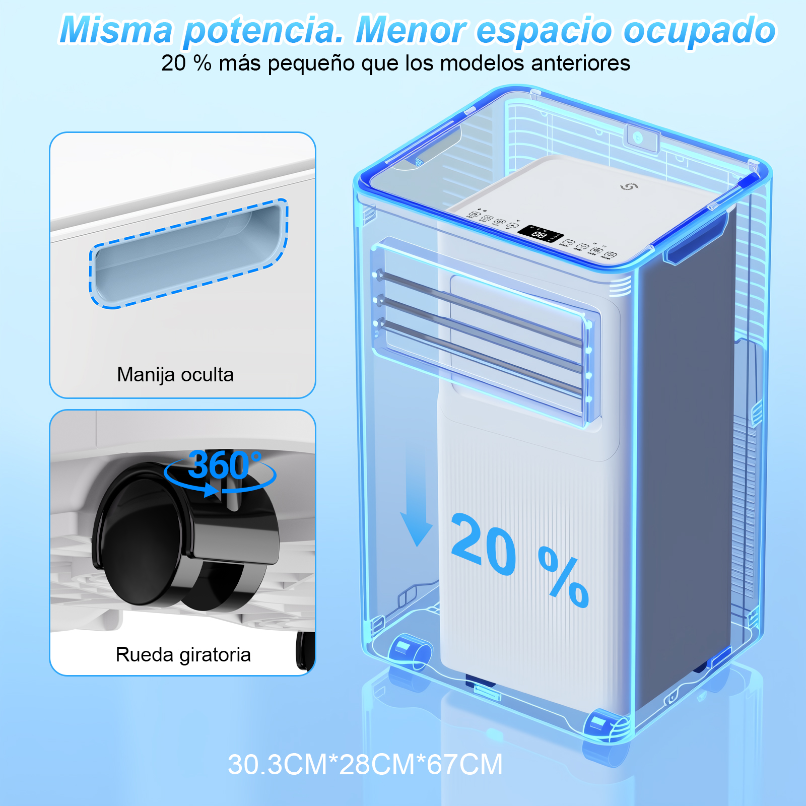 Enfriador de aire blanco compacto con asa oculta y ruedas. 20% más pequeño.
