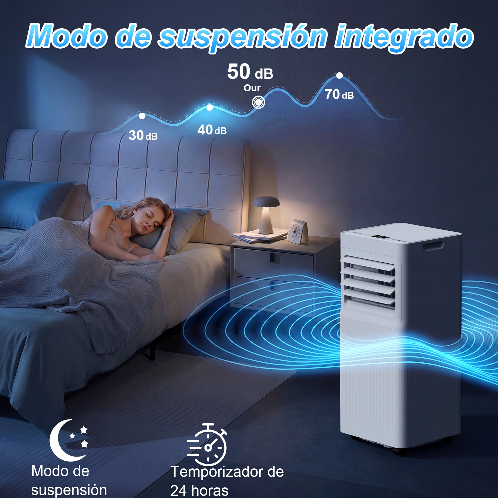 Una mujer duerme en la cama mientras un aire acondicionado funciona silenciosamente.